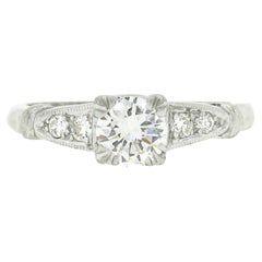 Vintage Platinum GIA Round Brilliant Diamond w/ Accents Milgrain Engagement Ring