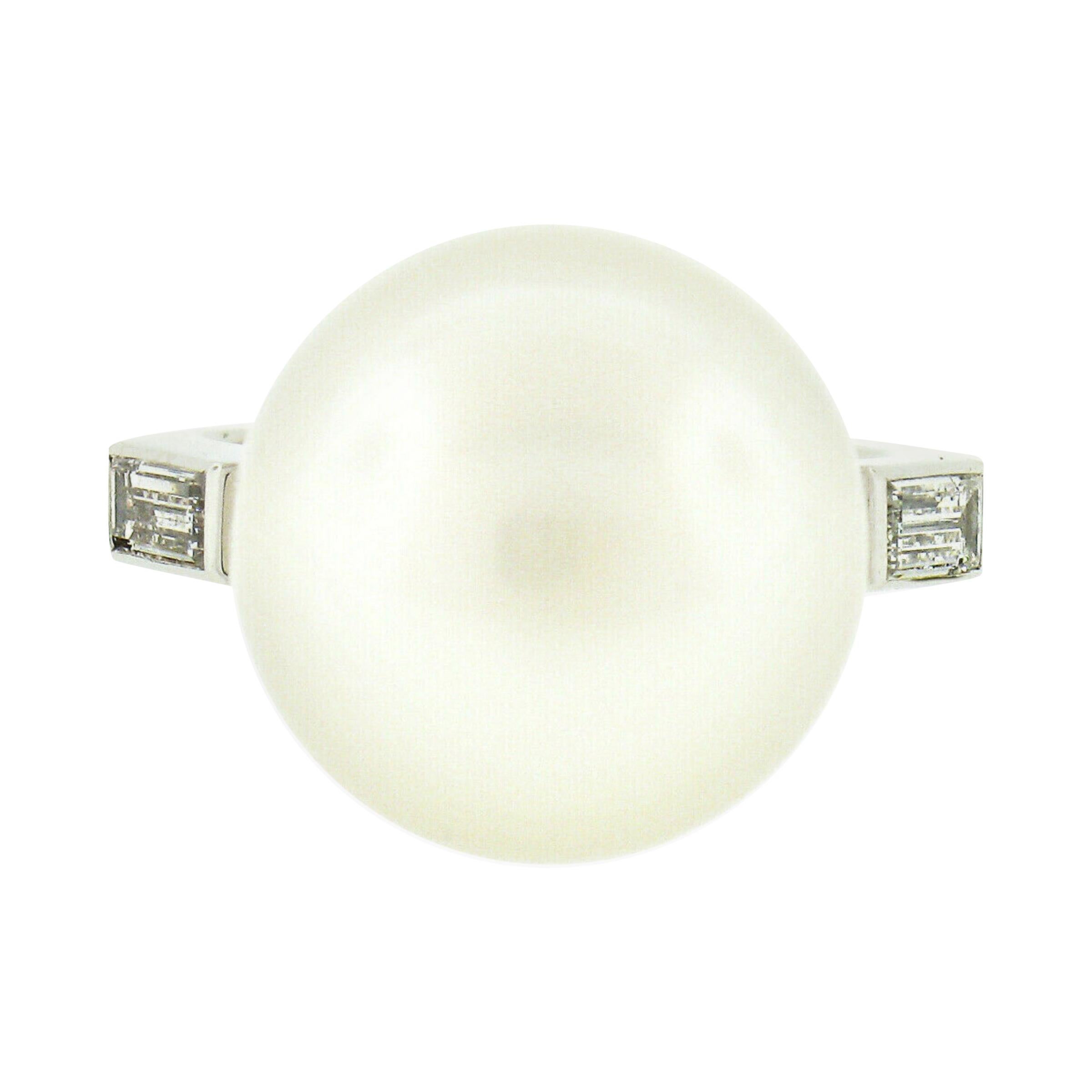 Vintage Platin GIA Salzwasser Weiß Perle Solitär Baguette Diamant Ring