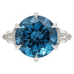 Bague vintage en platine certifiée GIA, sertie d'une aigue-marine ronde « Santa Maria Blue » et de diamants en forme d'aile de cerf sur les côtés