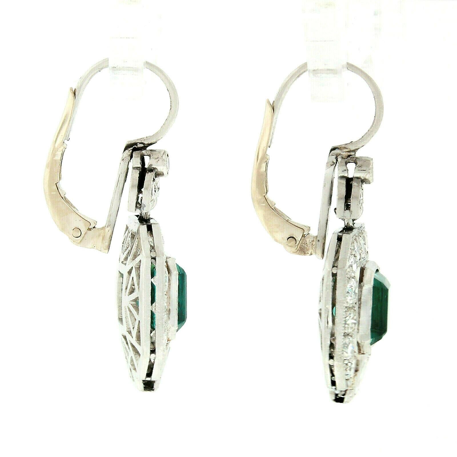 Emerald Cut Vintage Platinum GIA Untreated Colombian Emerald & Diamond Tulip Dangle Earrings