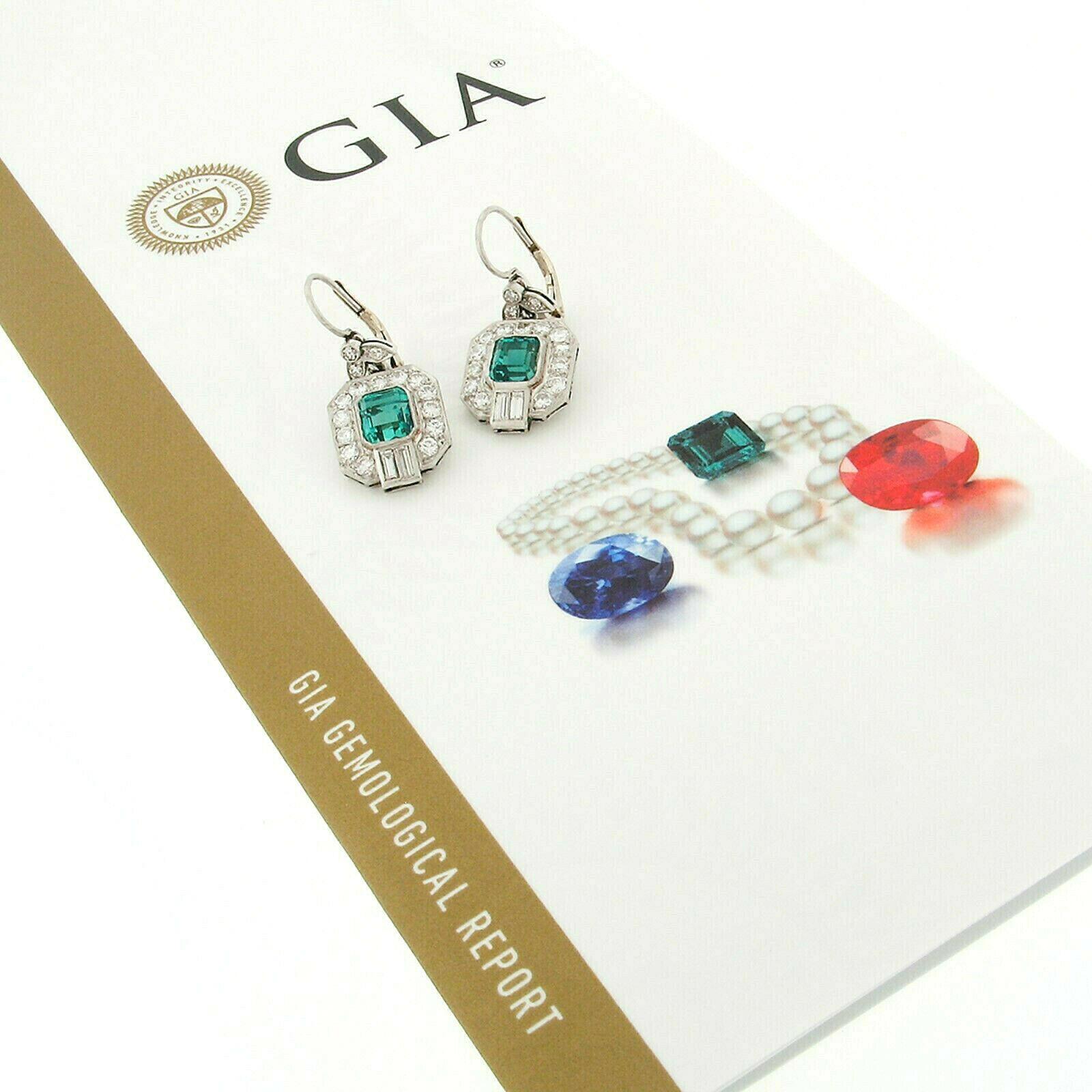 Women's Vintage Platinum GIA Untreated Colombian Emerald & Diamond Tulip Dangle Earrings