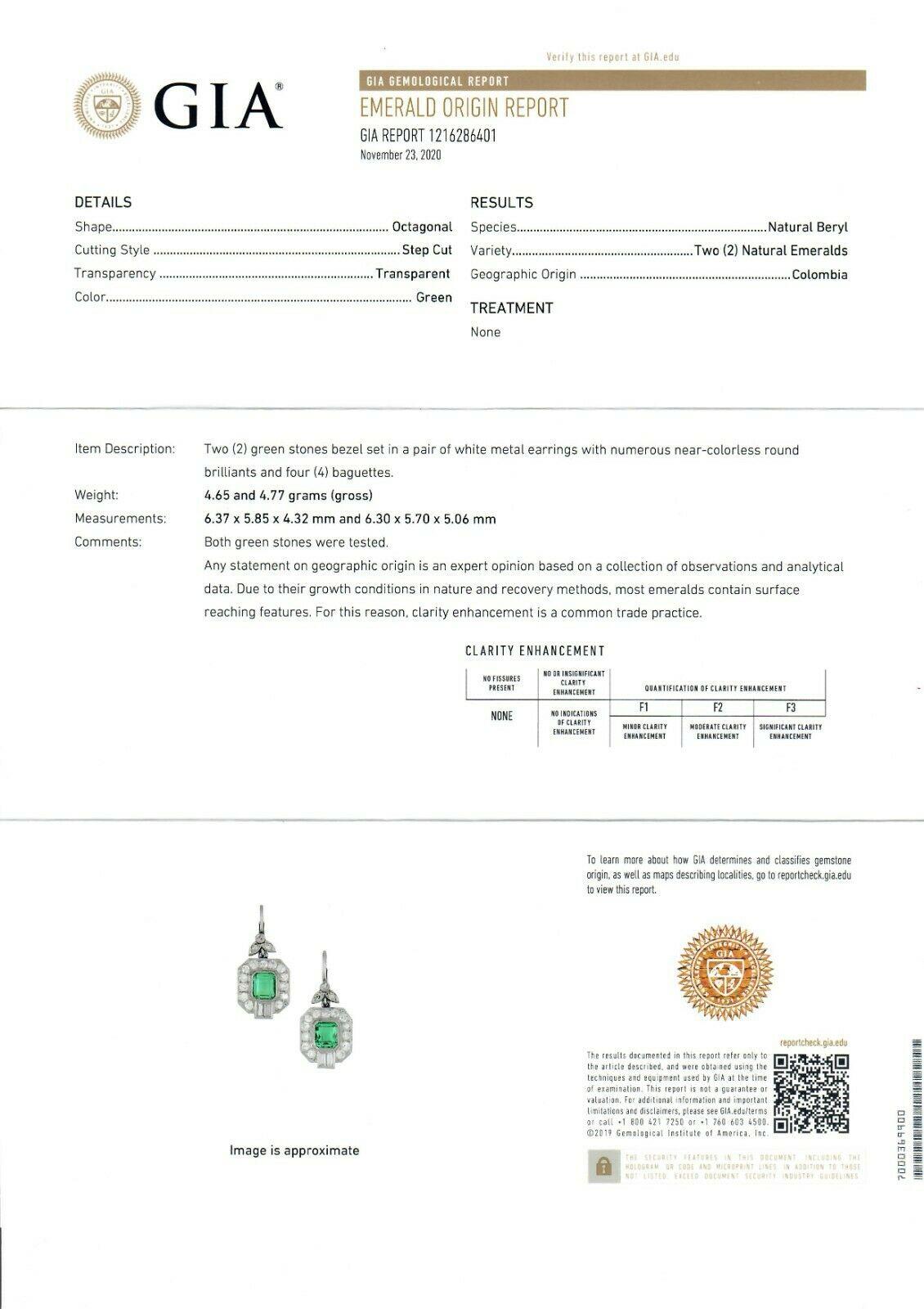 Vintage Platinum GIA Untreated Colombian Emerald & Diamond Tulip Dangle Earrings 1