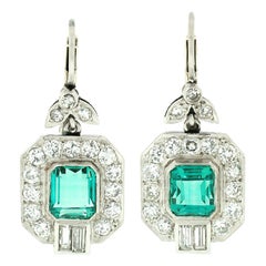 Vintage Platinum GIA Untreated Colombian Emerald & Diamond Tulip Dangle Earrings