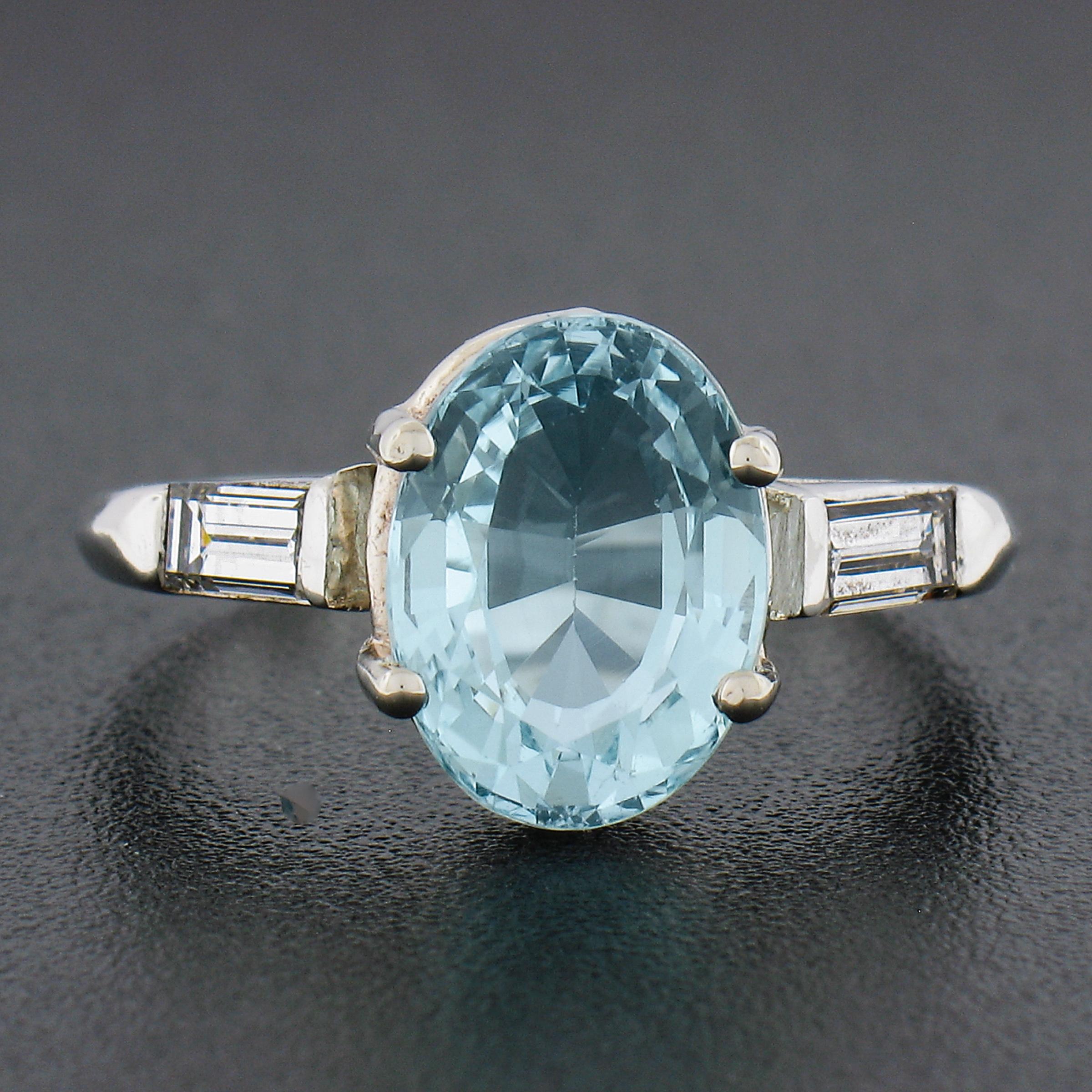 Oval Cut Vintage Platinum & Gold 2.87ctw Oval Aquamarine & Baguette Diamond Cocktail Ring For Sale