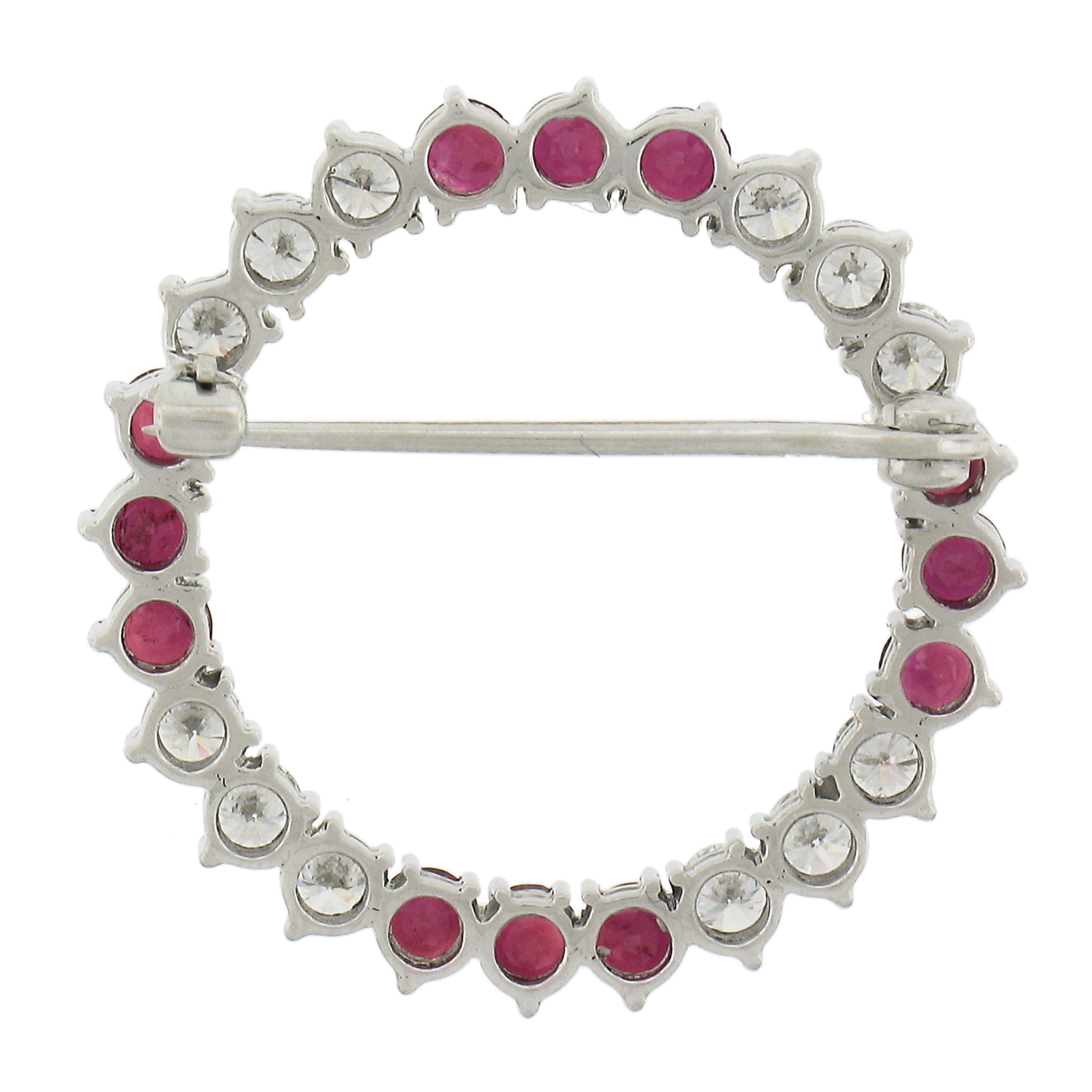Round Cut Vintage Platinum & Gold 3.0ctw Ruby & Diamond Open Circle Wreath Brooch Pin For Sale