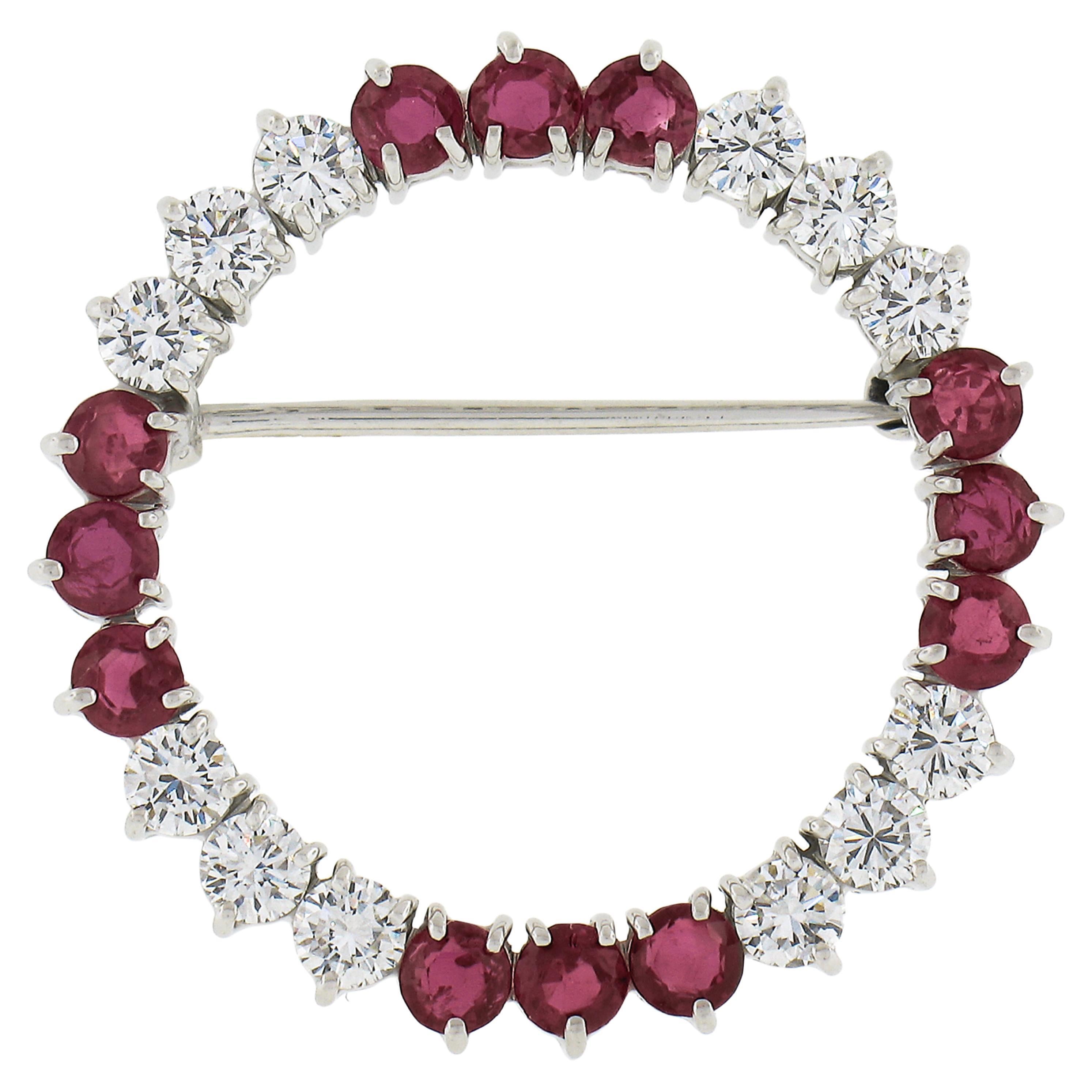 Vintage Platinum & Gold 3.0ctw Ruby & Diamond Open Circle Wreath Brooch Pin For Sale