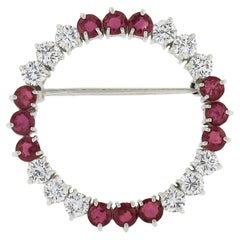 Vintage Platinum & Gold 3.0ctw Ruby & Diamond Open Circle Wreath Brooch Pin