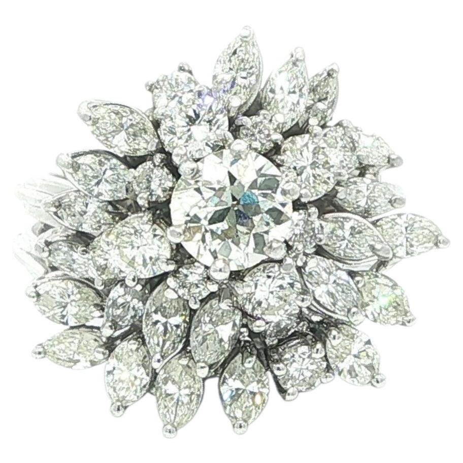 Vintage Platinum Gold 4.15ctw Diamond Cluster Engagement Ring Curved Band Guard For Sale