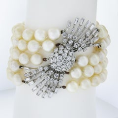 Vintage Platinum & Gold 5 Strand Cultured Pearl w/ Diamond Center Clasp Bracelet