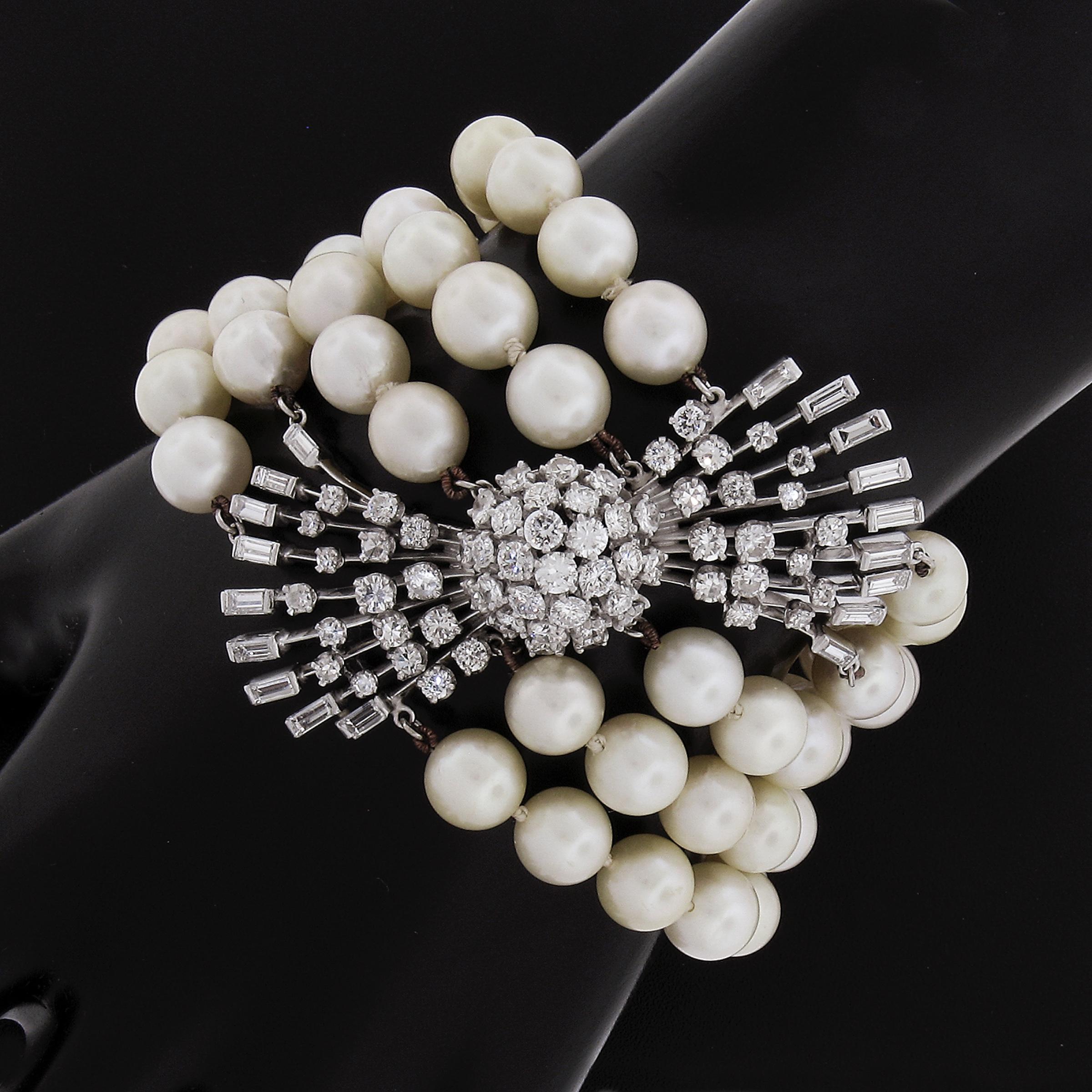 Bracelet vintage en platine et or à 5 brins de perles de culture avec fermoir central en diamants Bon état - En vente à Montclair, NJ