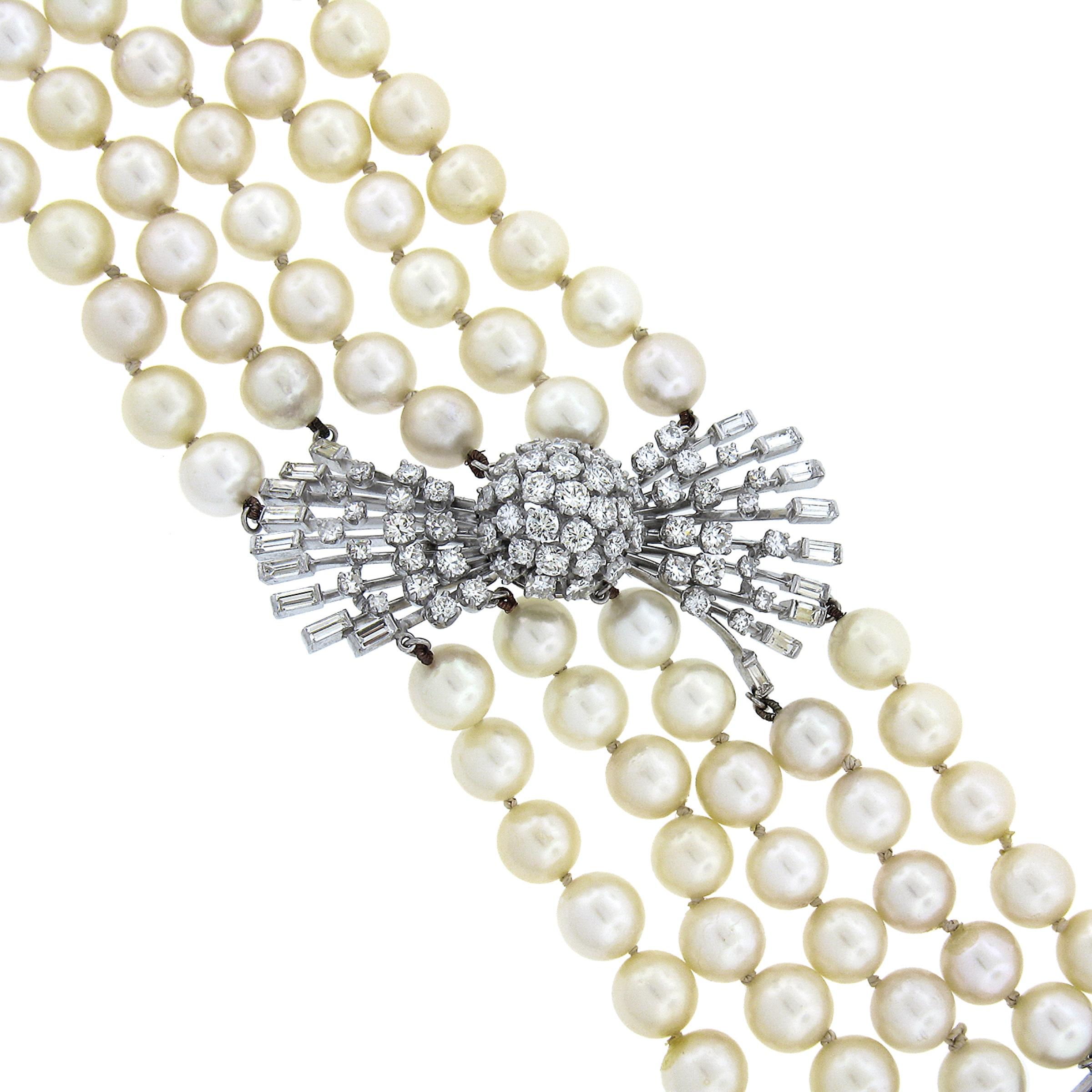 Women's Vintage Platinum & Gold 5 Strand Cultured Pearl w/ Diamond Center Clasp Bracelet For Sale