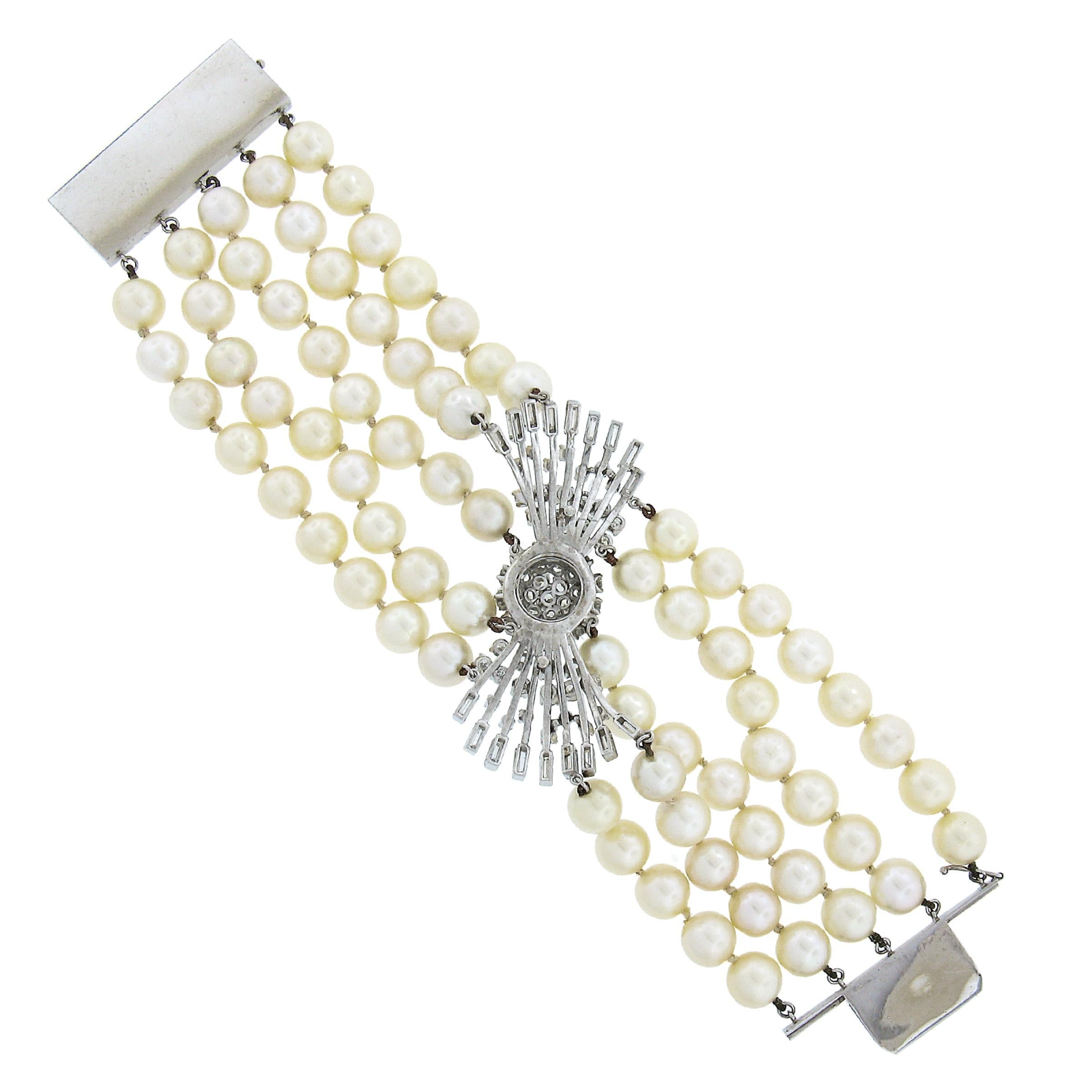Bracelet vintage en platine et or à 5 brins de perles de culture avec fermoir central en diamants en vente 1