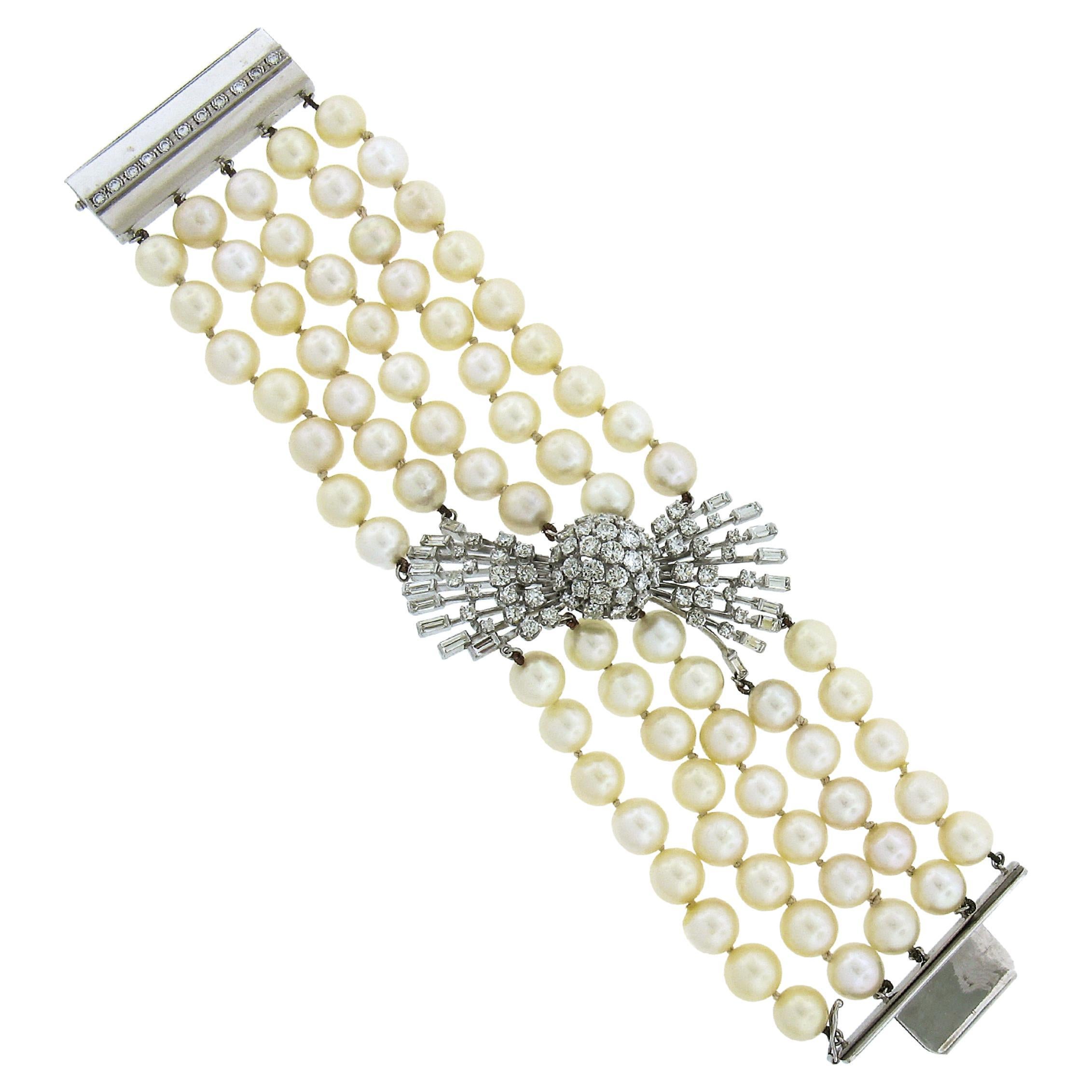 Bracelet vintage en platine et or à 5 brins de perles de culture avec fermoir central en diamants en vente