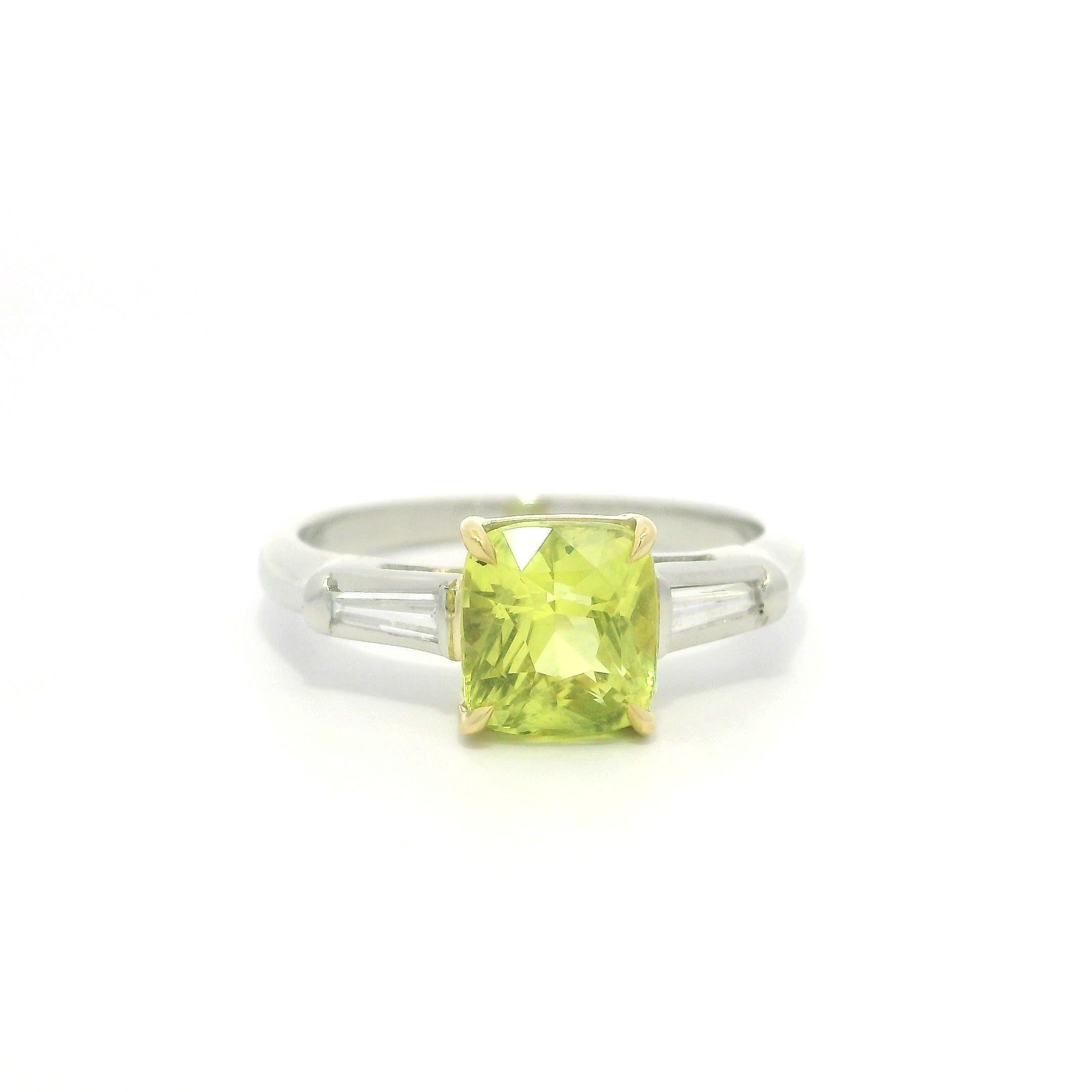 Vintage Platinum Gold AGCL 2.28ct Cushion Yellow Sapphire w/ Diamond Sides Ring