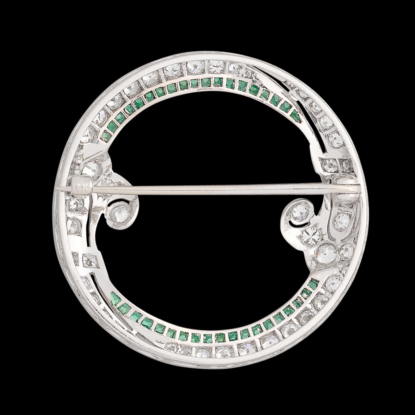 Vintage Platinum & Gold Diamond Emerald Brooch For Sale 2