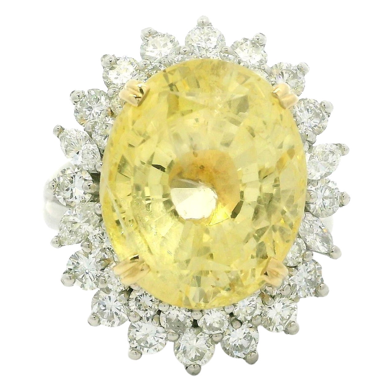 Vintage Platinum & Gold GIA 20.68ctw Large No Heat Yellow Sapphire Diamond Ring For Sale