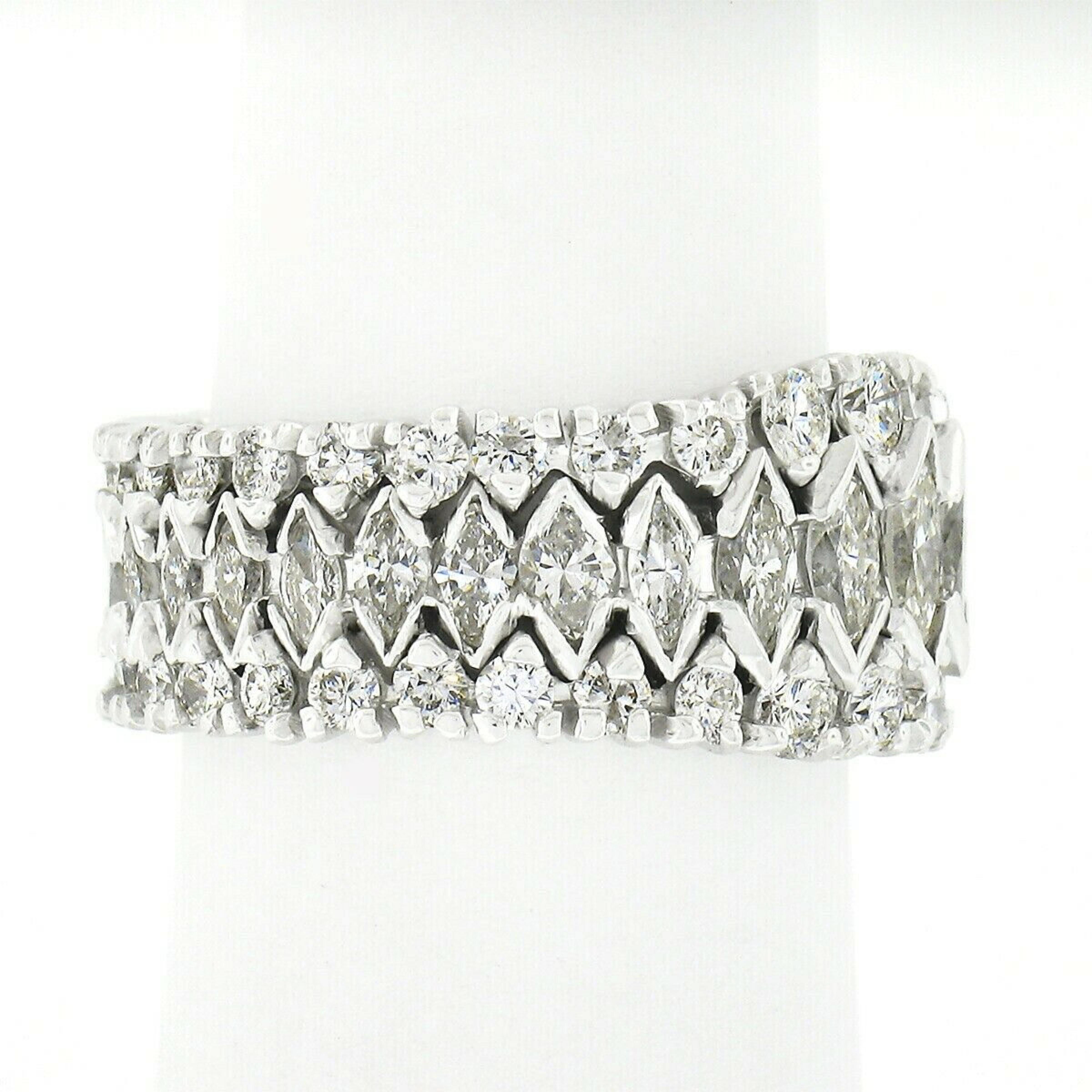 3reihiger breiter Memoryring aus Platin mit abgestufter runder Marquise-Diamant im Vintage-Stil (Marquiseschliff)