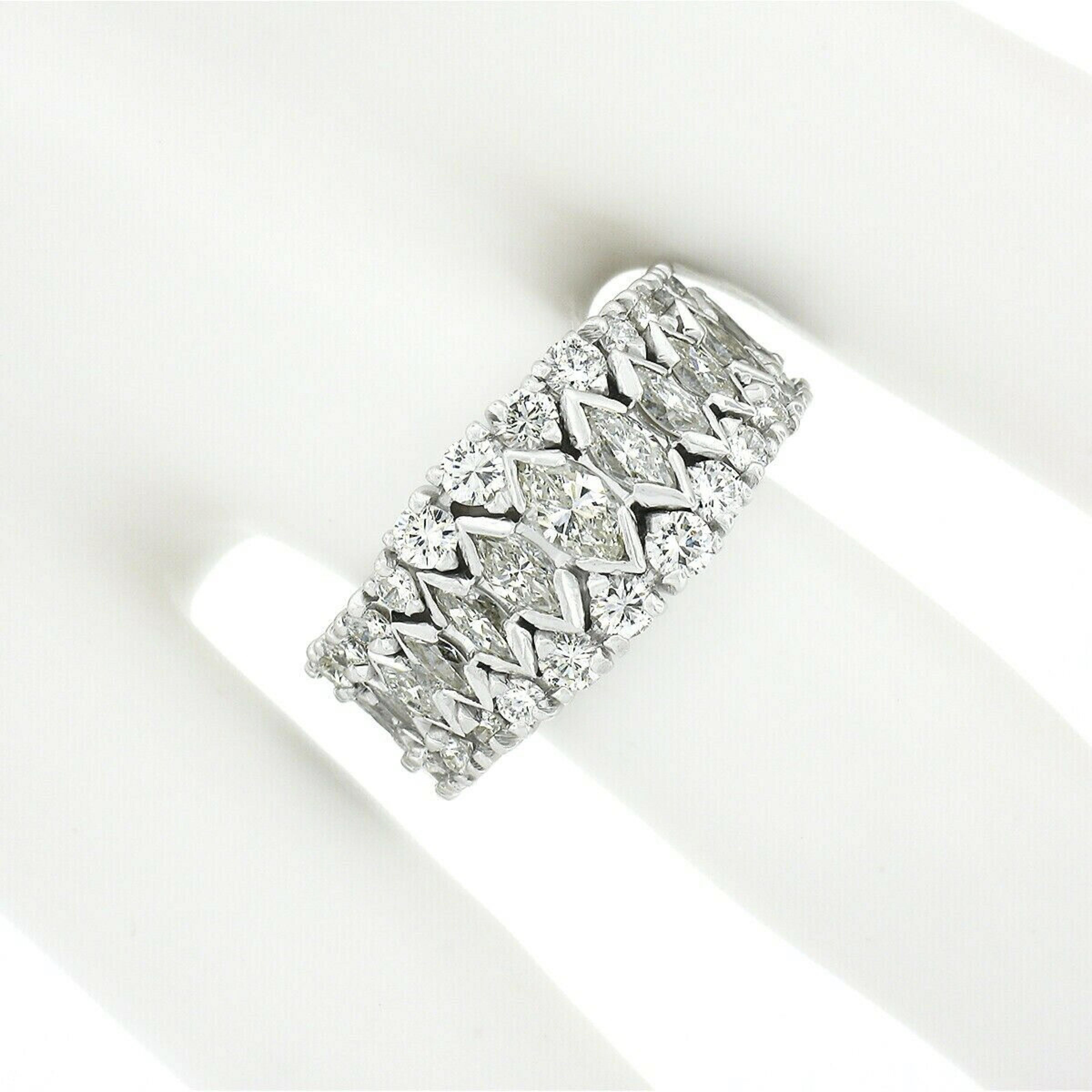 3reihiger breiter Memoryring aus Platin mit abgestufter runder Marquise-Diamant im Vintage-Stil Damen