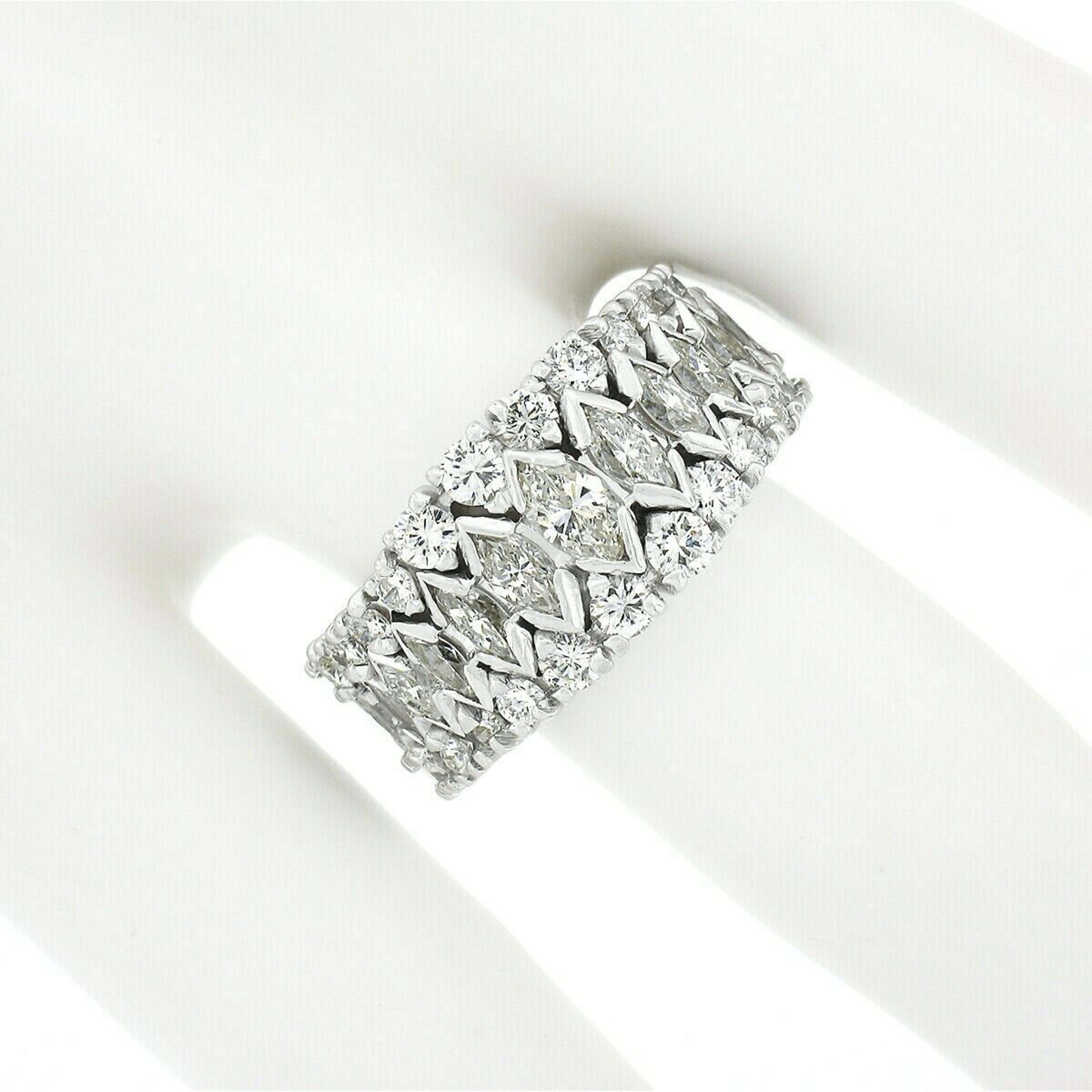 Retro Vintage Platinum Graduating Marquise Round Diamond 3 Row Wide Eternity Band Ring