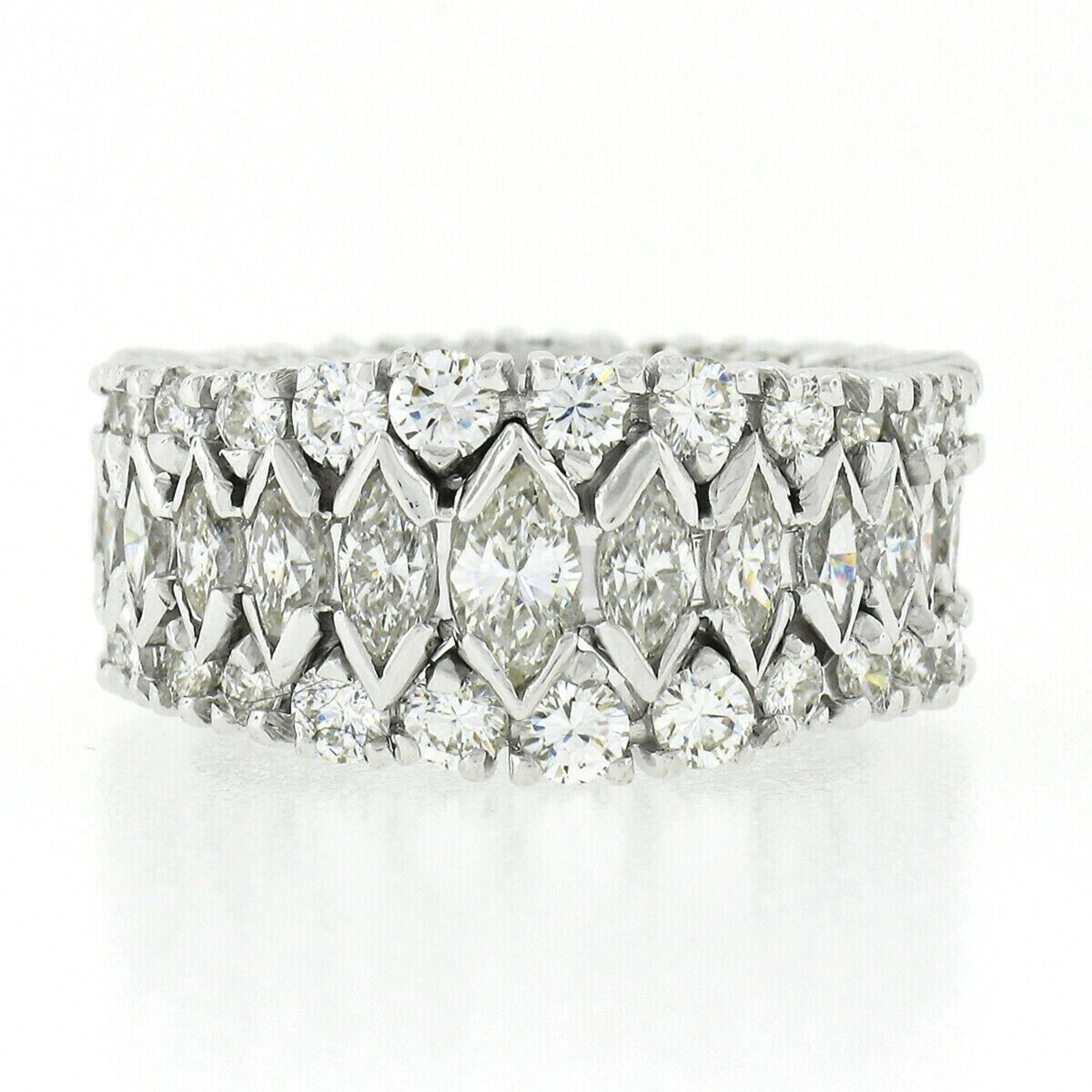 3reihiger breiter Memoryring aus Platin mit abgestufter runder Marquise-Diamant im Vintage-Stil 1