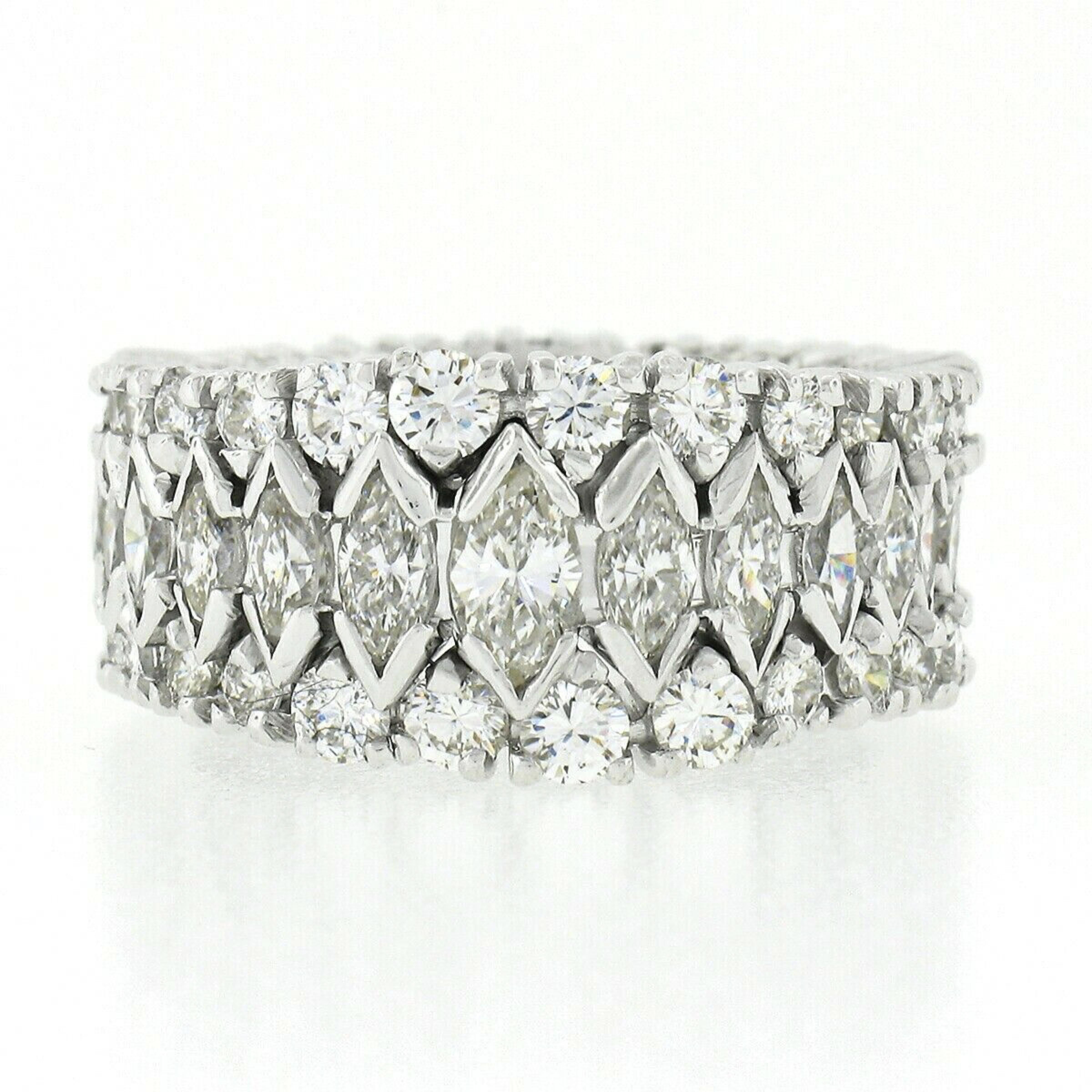 Marquise Cut Vintage Platinum Graduating Marquise Round Diamond 3 Row Wide Eternity Band Ring