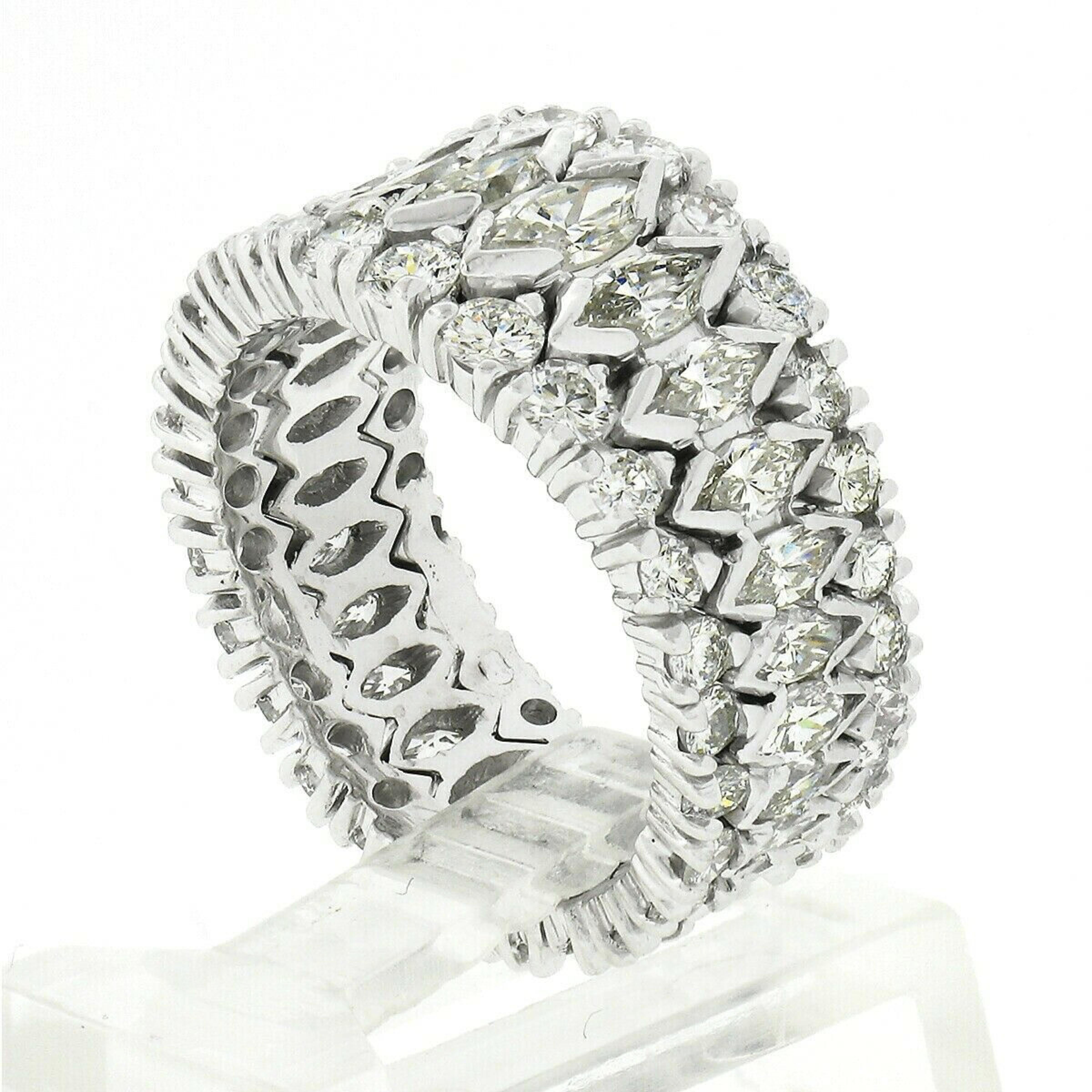 Women's Vintage Platinum Graduating Marquise Round Diamond 3 Row Wide Eternity Band Ring
