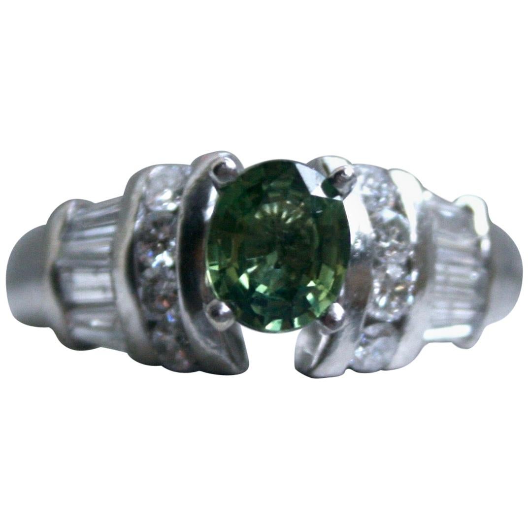Vintage Platinum Green Sapphire and Diamond Ring Engagement Ring, 1.23 Carat For Sale