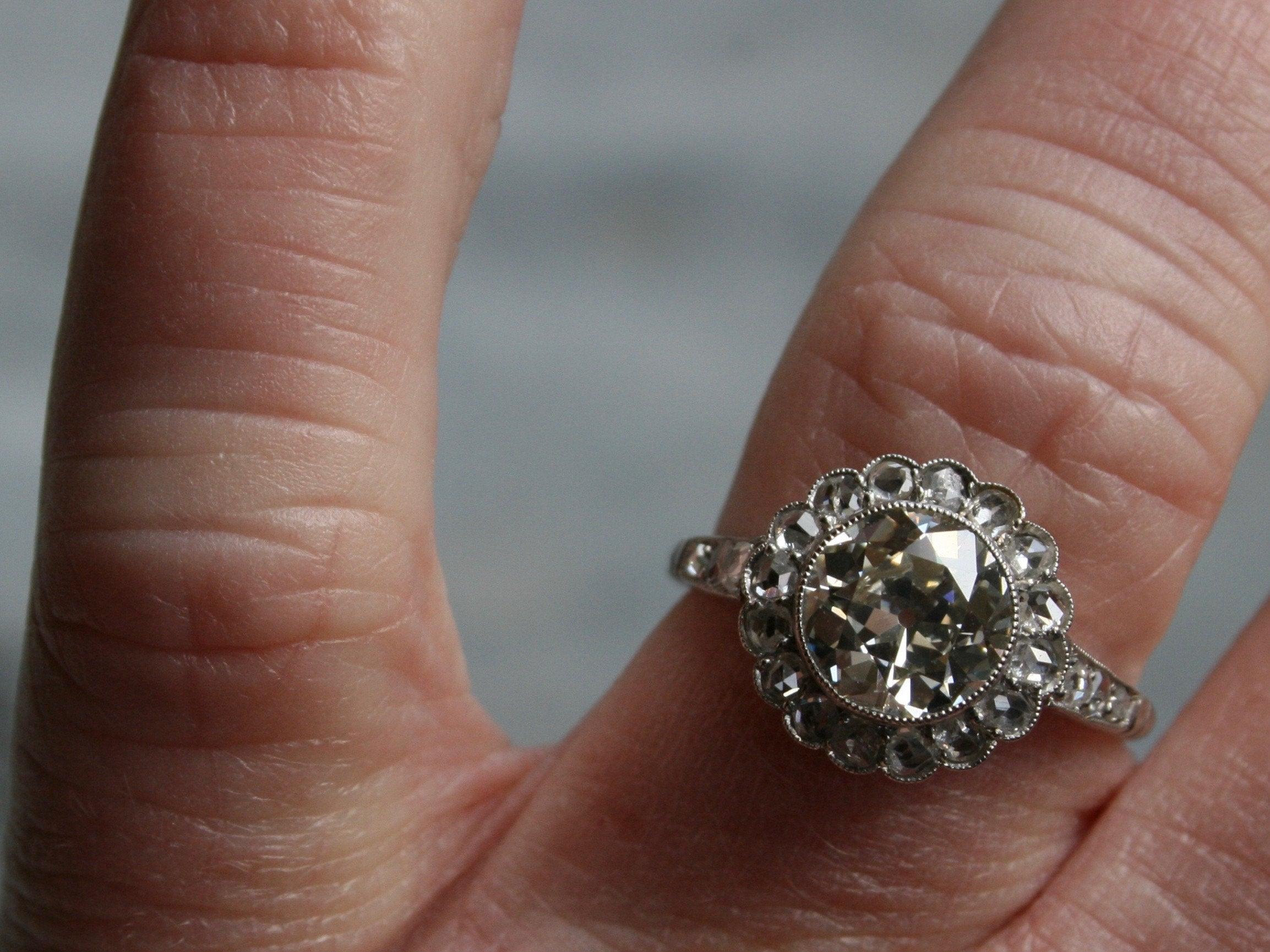 Women's or Men's Vintage Platinum Halo Diamond Ring Engagement Ring, 2.47 Carat