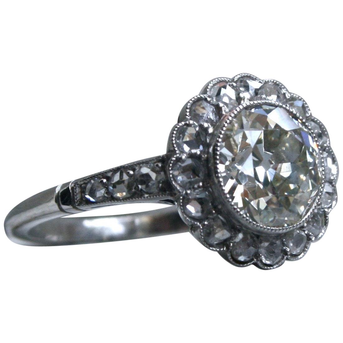 Vintage Platinum Halo Diamond Ring Engagement Ring, 2.47 Carat