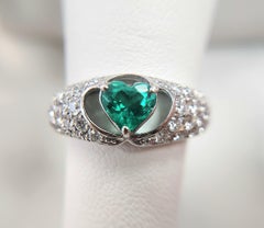 Vintage Platinum Heart-Shaped Colombian Emerald and Pave Diamond Ring