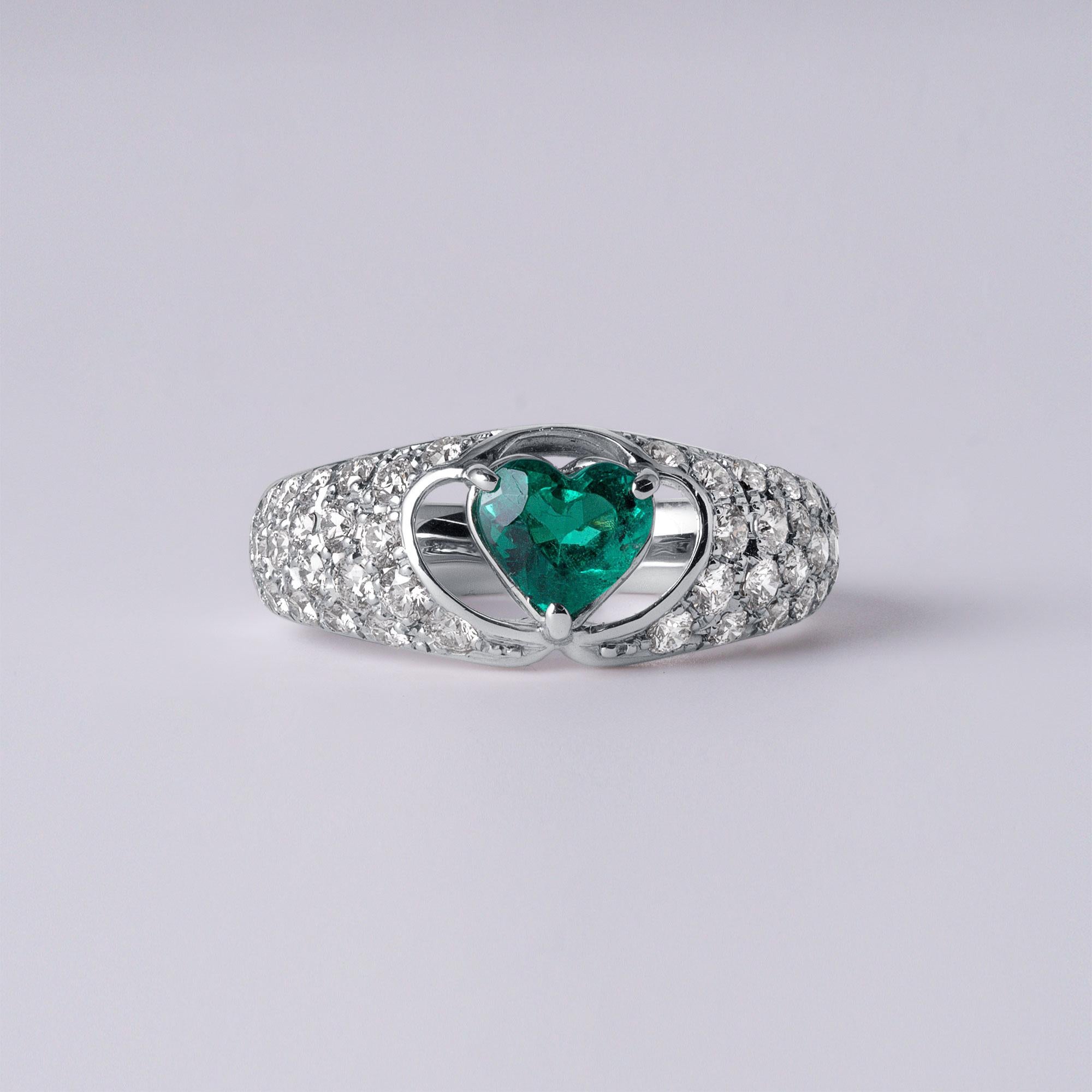 Heart Cut Vintage Platinum Heart-Shaped Colombian Emerald and Pave Diamond Ring For Sale