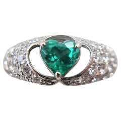 Vintage Platinum Heart-Shaped Colombian Emerald and Pave Diamond Ring