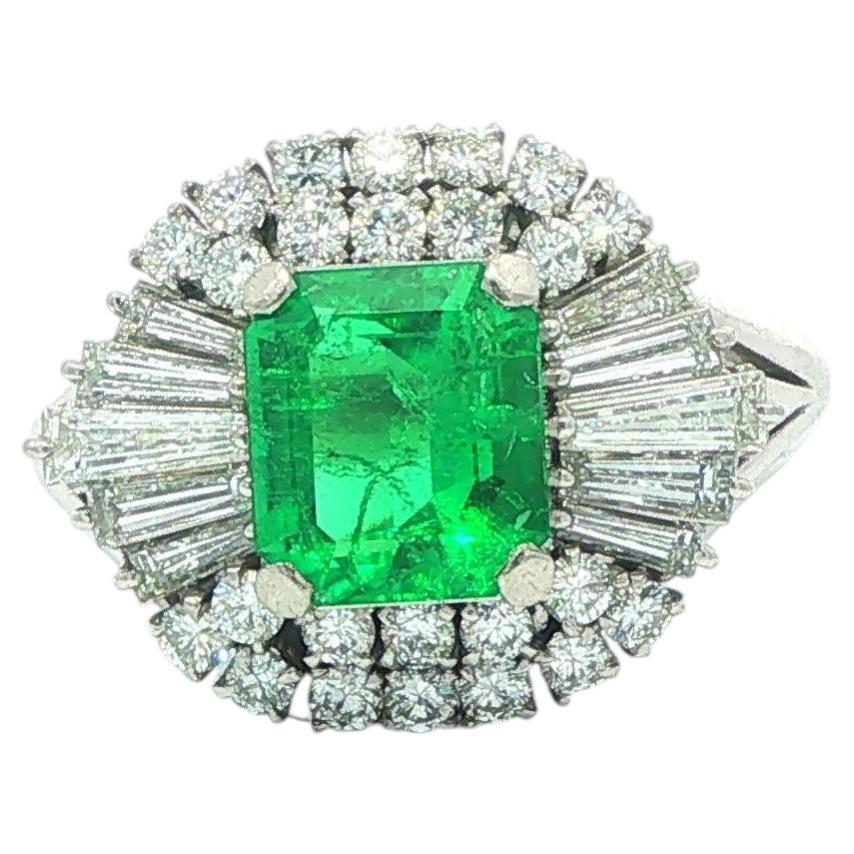 Vintage Platinum High Quality 2.22ctw GIA Green Colombian Emerald Diamond Ring