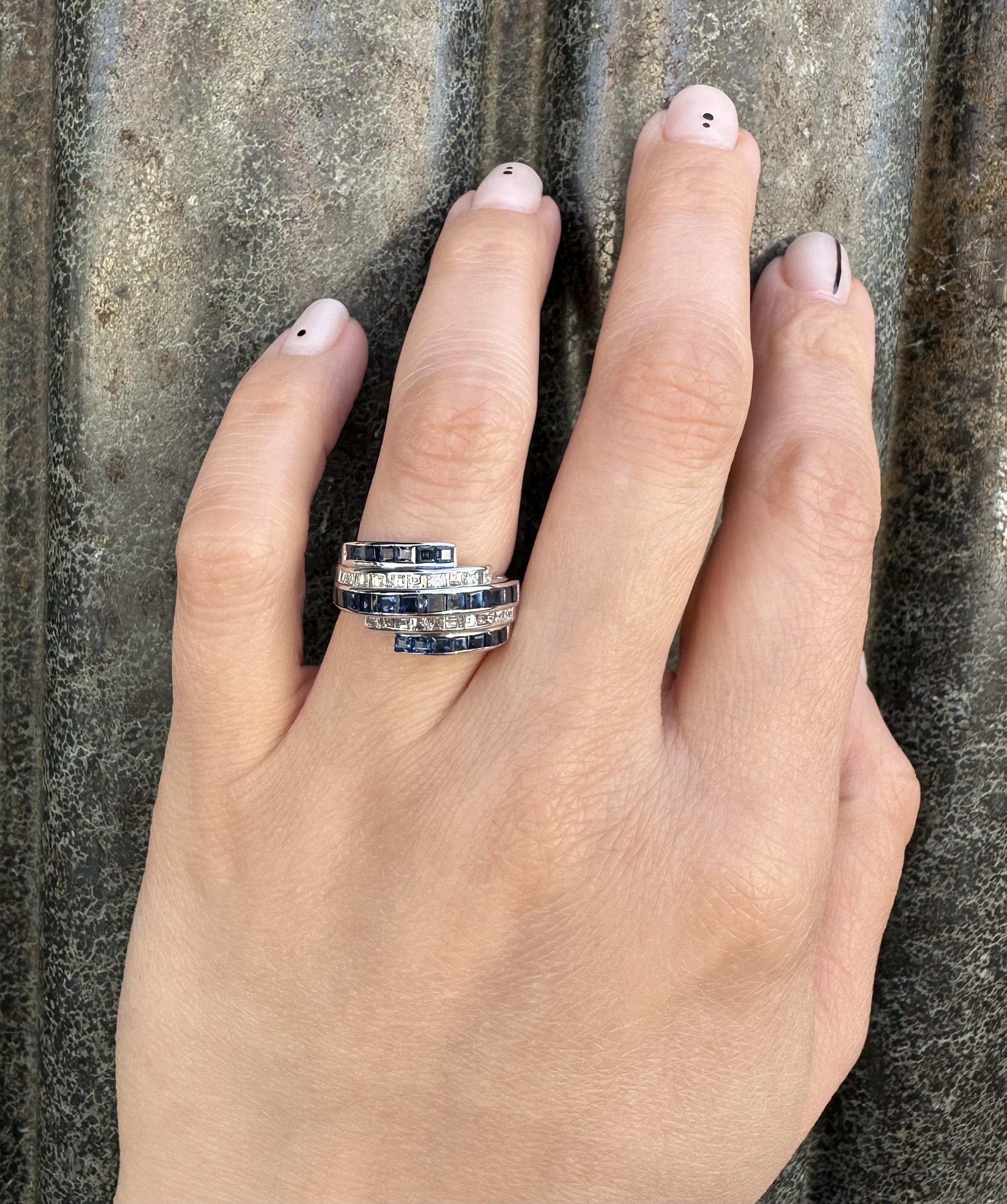 Vintage Platinum High Quality 2.56ctw Sapphire Diamond Stack Look Band Ring For Sale 1