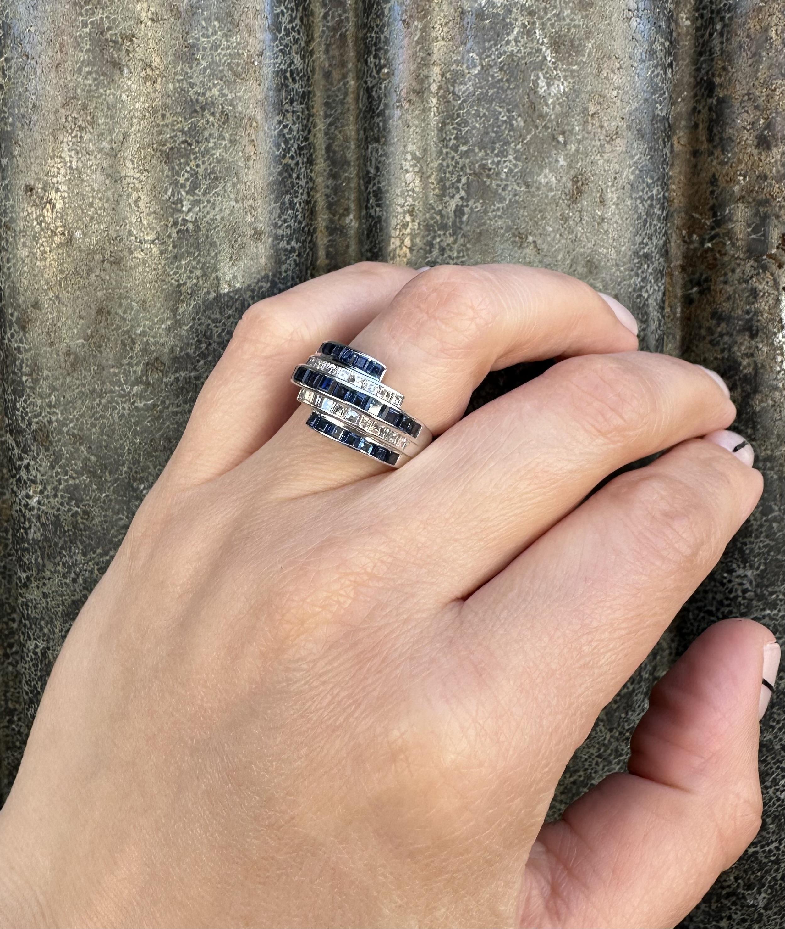 Vintage Platinum High Quality 2.56ctw Sapphire Diamond Stack Look Band Ring For Sale 2