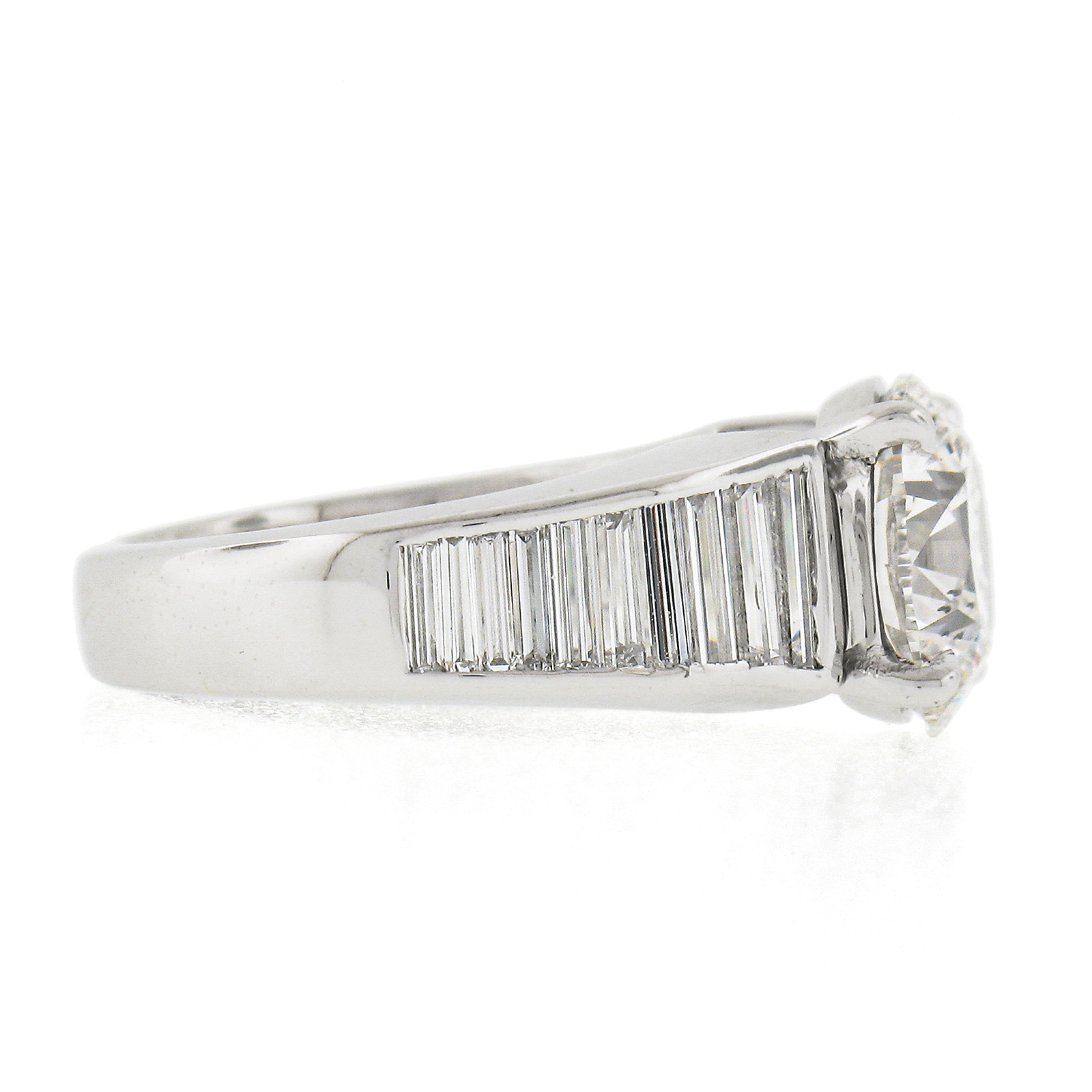 Round Cut Vintage Platinum Ideal 5.02ctw GIA Round Brilliant Diamond w/ Waterfall Baguette For Sale