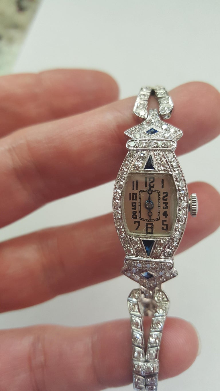 Vintage 1920s Glycine Platinum Diamond & Sapphire Watch - Sterling Silver Band Rare 1920s Glycine Platinum Diamond & Sapphire Woman main image 3
