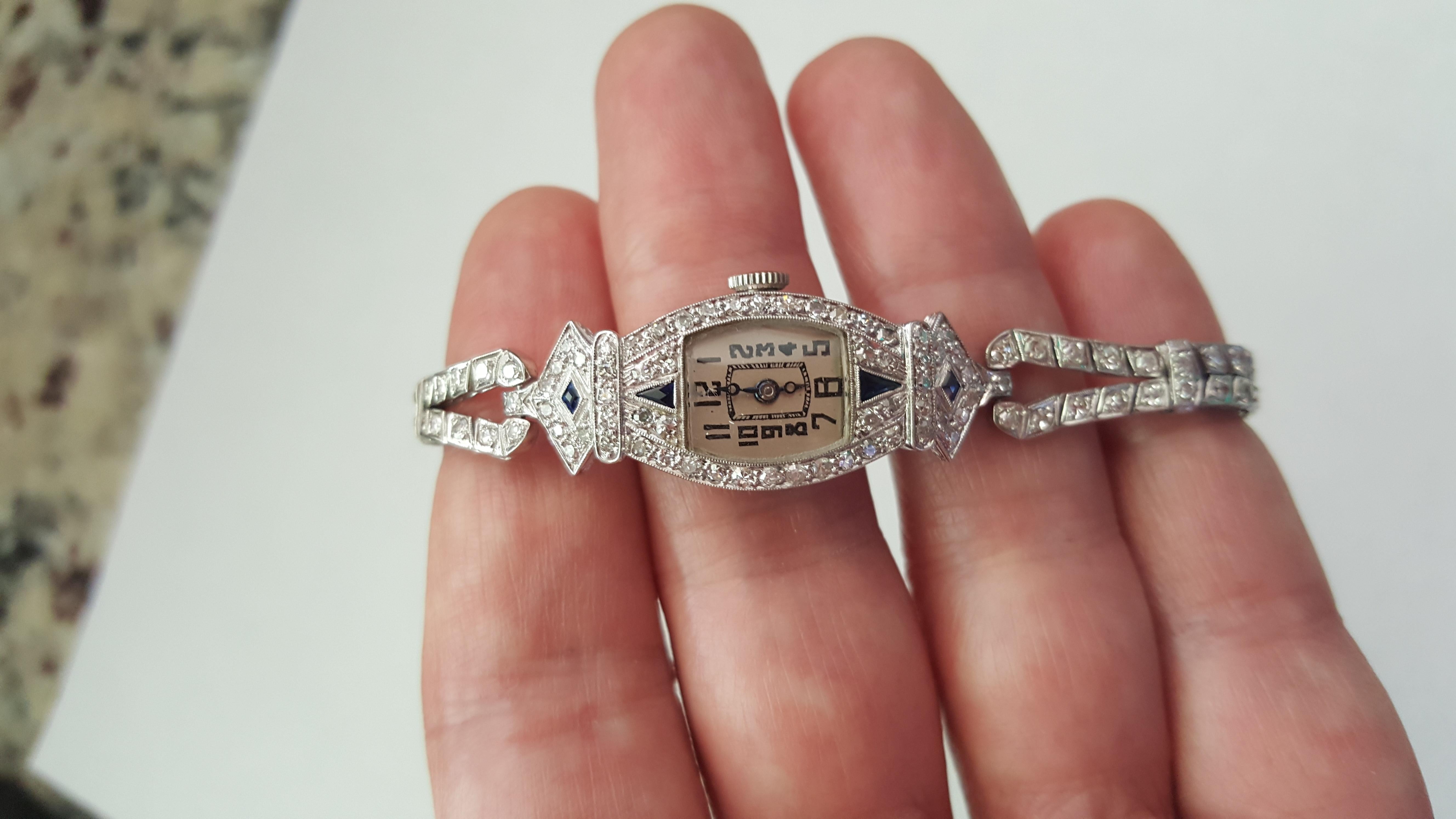 1920's Art Deco Glycine Platinum Ladies Watch, Diamonds 3.56cttw, Sapphires In Excellent Condition In Rancho Santa Fe, CA