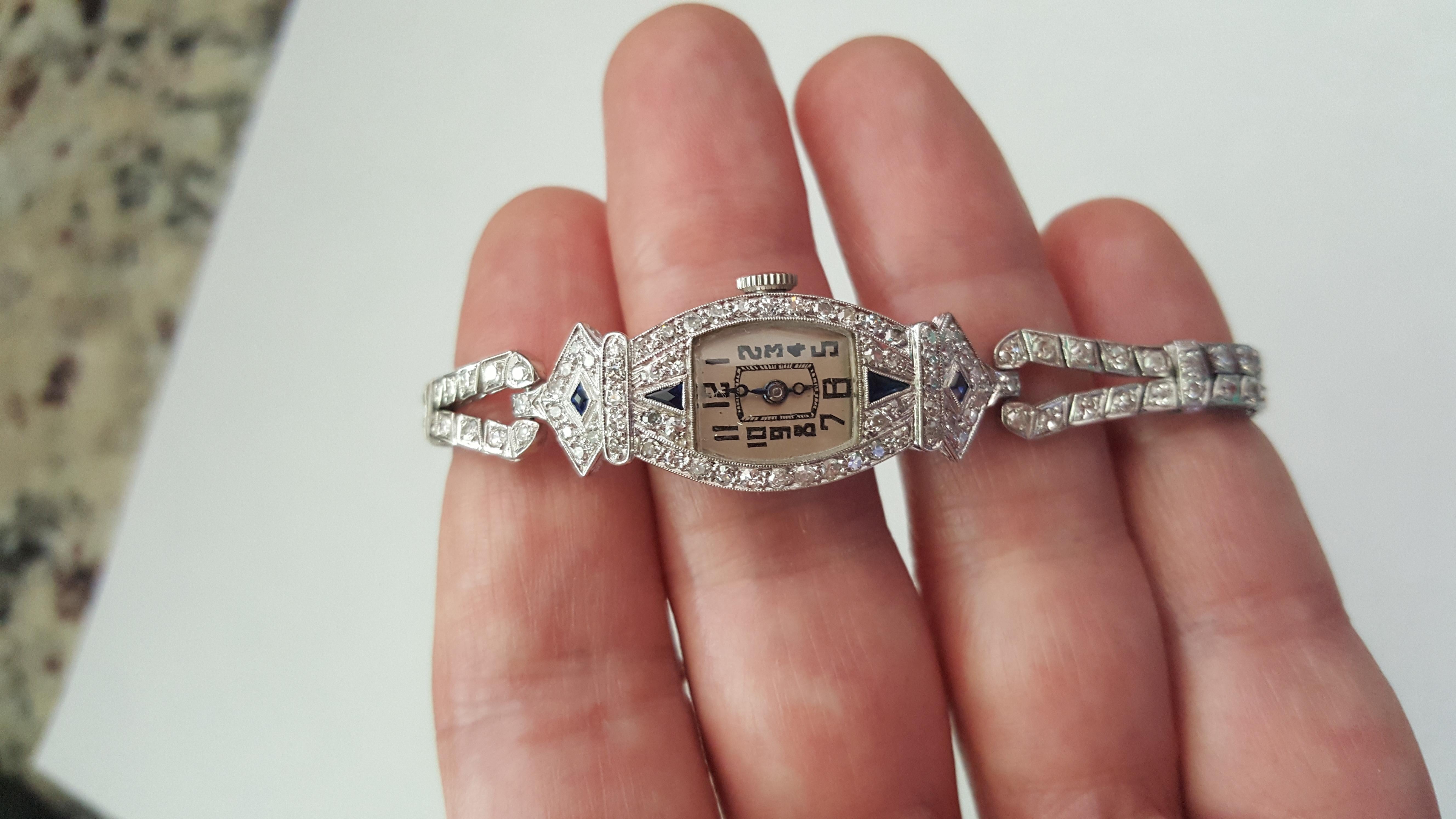 Women's 1920's Art Deco Glycine Platinum Ladies Watch, Diamonds 3.56cttw, Sapphires