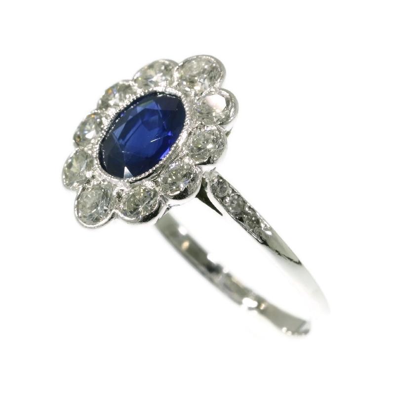Art Deco Vintage Platinum Lady Di Engagement Ring with Brilliant and Sapphire