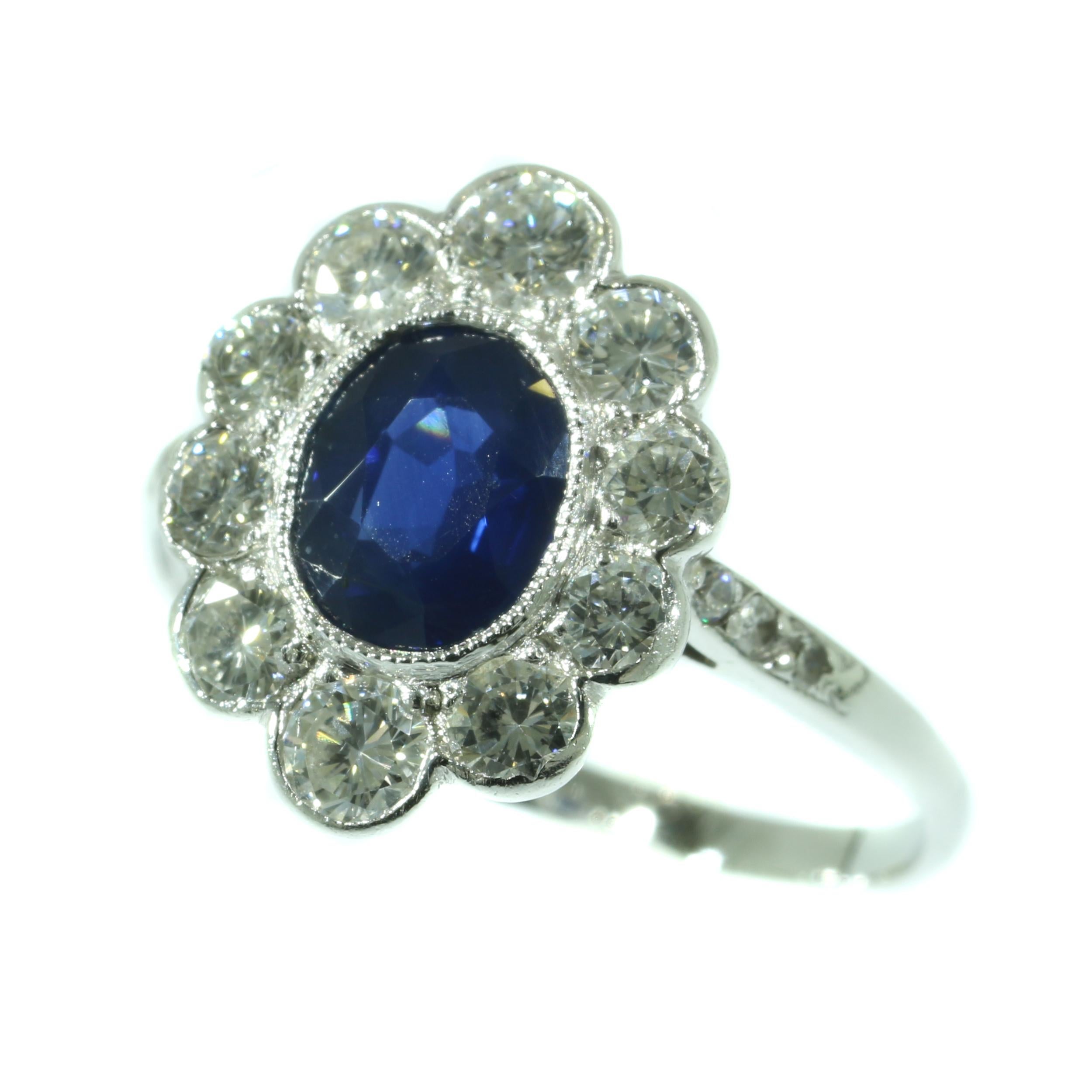 Vintage Platinum Lady Di Engagement Ring with Brilliant and Sapphire