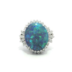 Vintage Platinum Large Boulder Nice Play of Color Opal w/ Diamond Ring