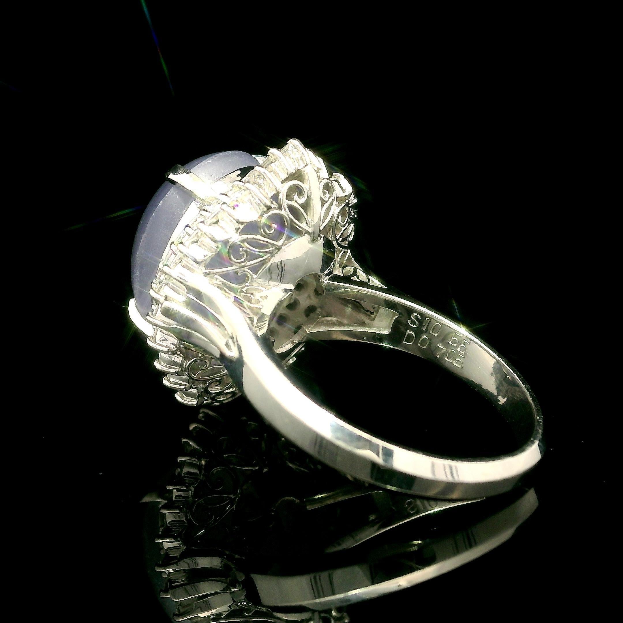 Cabochon Vintage Platinum Large GIA 11.26ctw No Heat Star Sapphire Diamond Ballerina Ring For Sale