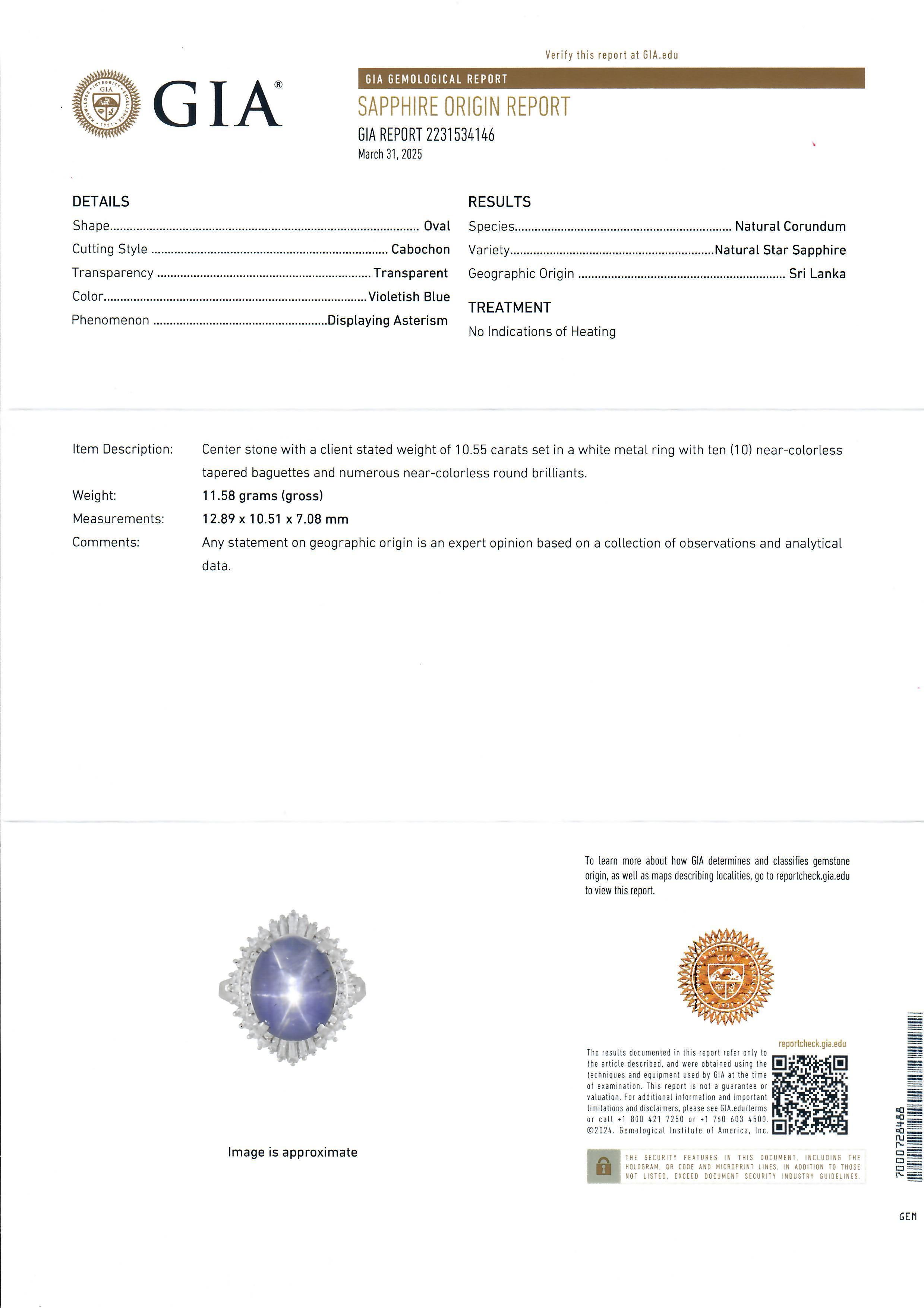 Vintage Platinum Large GIA 11.26ctw No Heat Star Sapphire Diamond Ballerina Ring For Sale 1