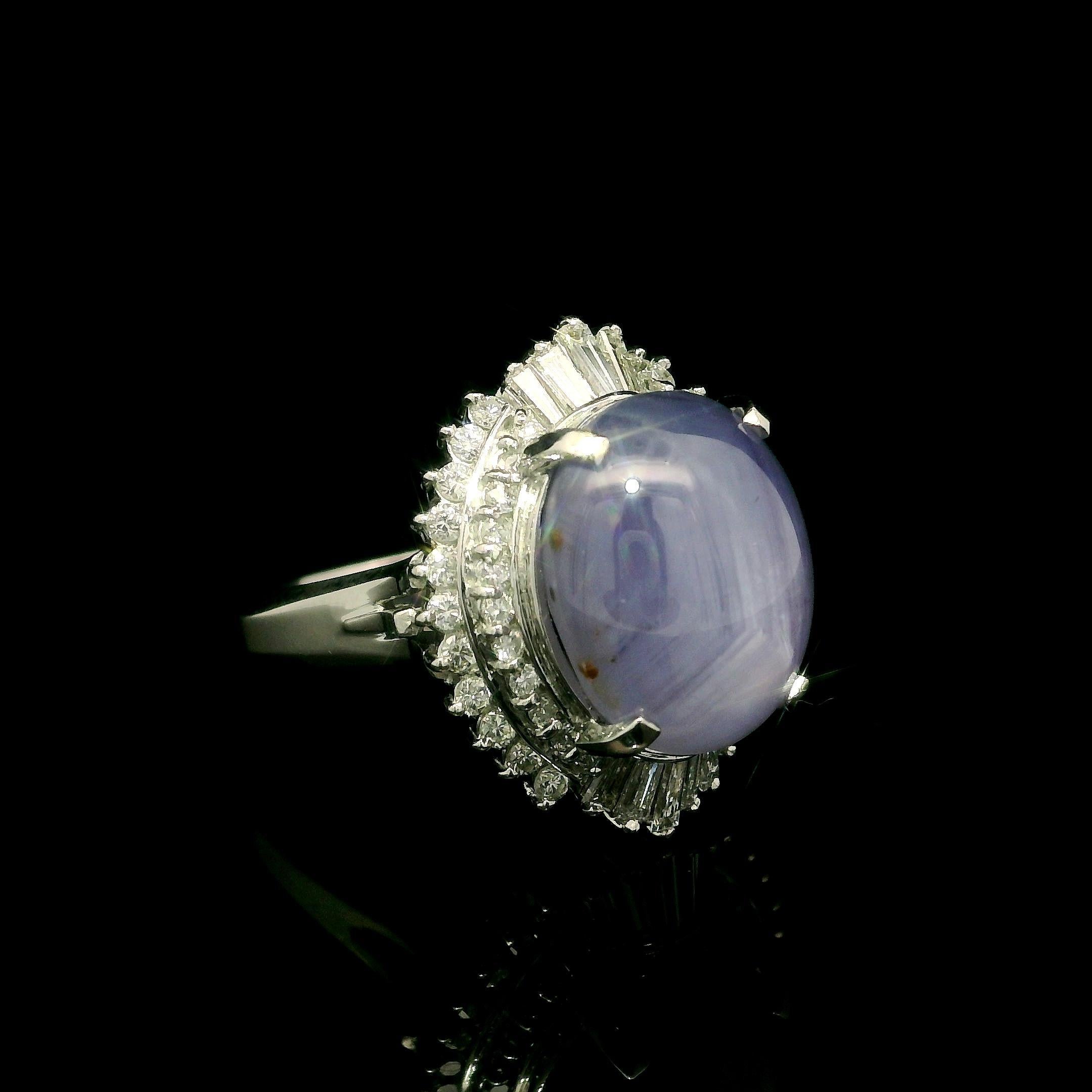 Vintage Platinum Large GIA 11.26ctw No Heat Star Sapphire Diamond Ballerina Ring For Sale 4