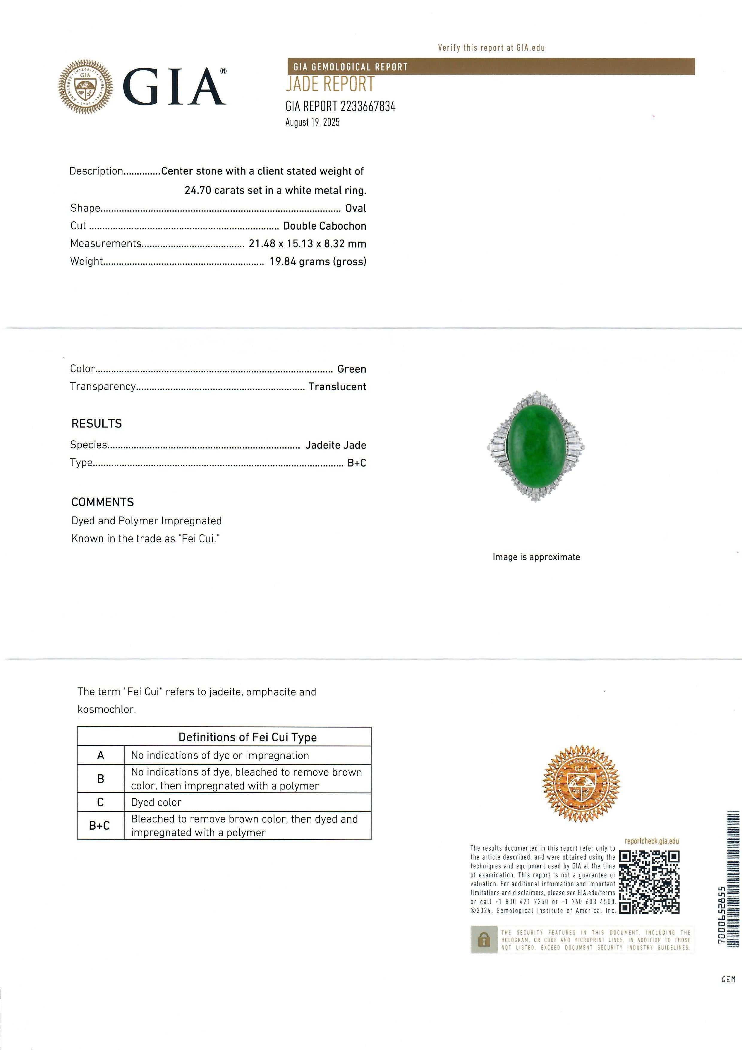Anello vintage in platino con diamanti di giada verde Greene & Greene Ballerina GIA di 27,68 carati in vendita 4