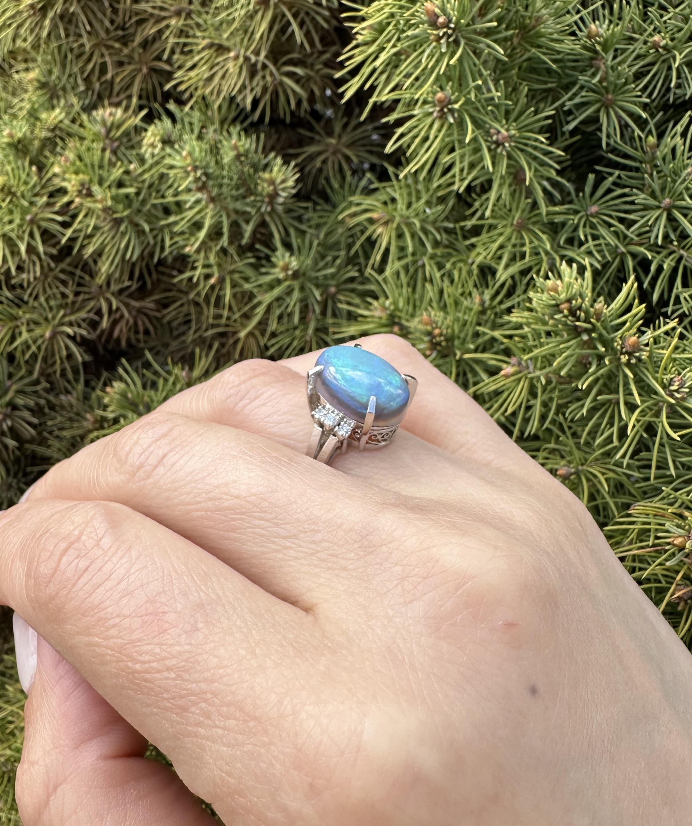 Vintage Platinum Large GIA 6.23ctw Thick Opal & Diamond Sides Solitaire Ring For Sale 5