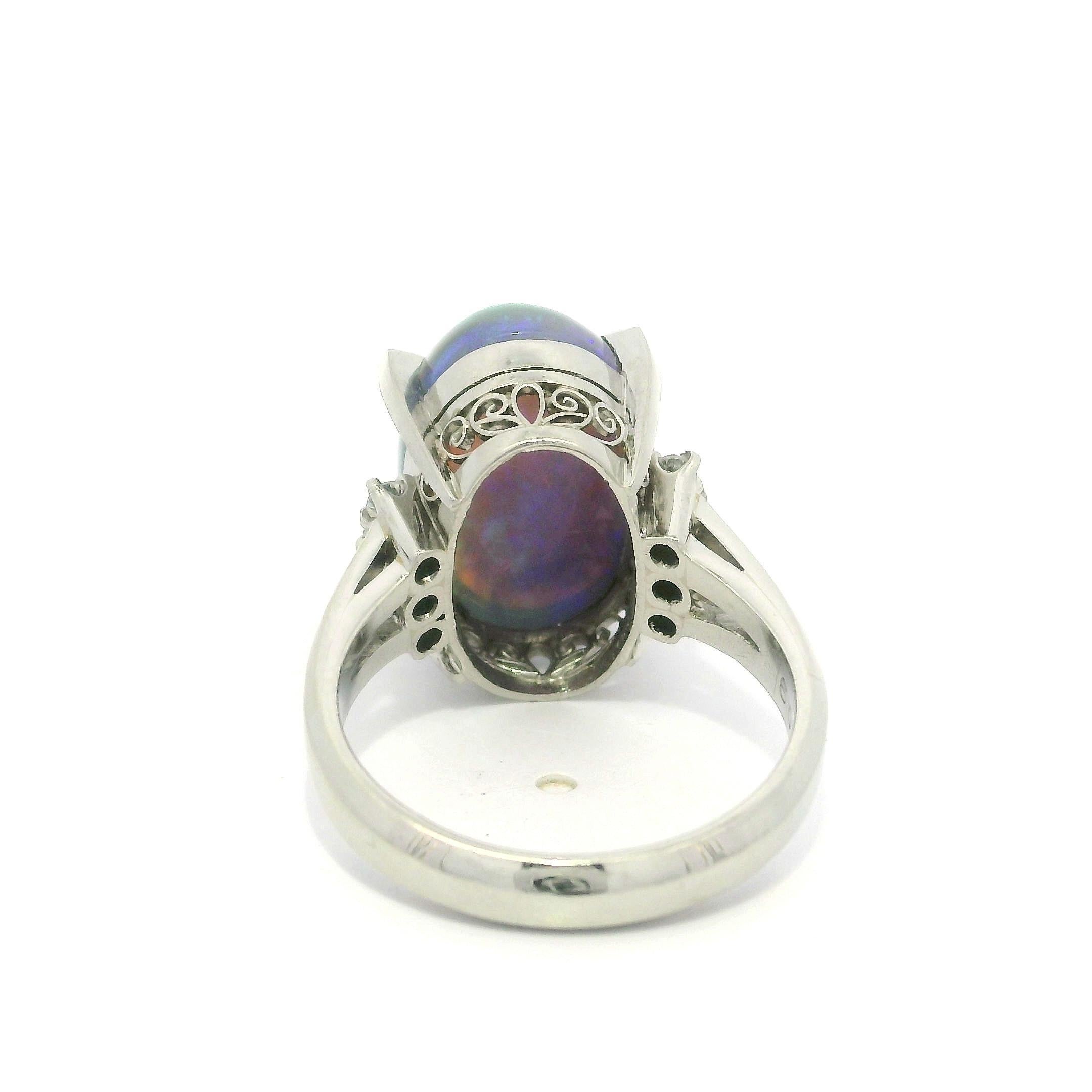 Vintage Platinum Large GIA 6.23ctw Thick Opal & Diamond Sides Solitaire Ring For Sale 6