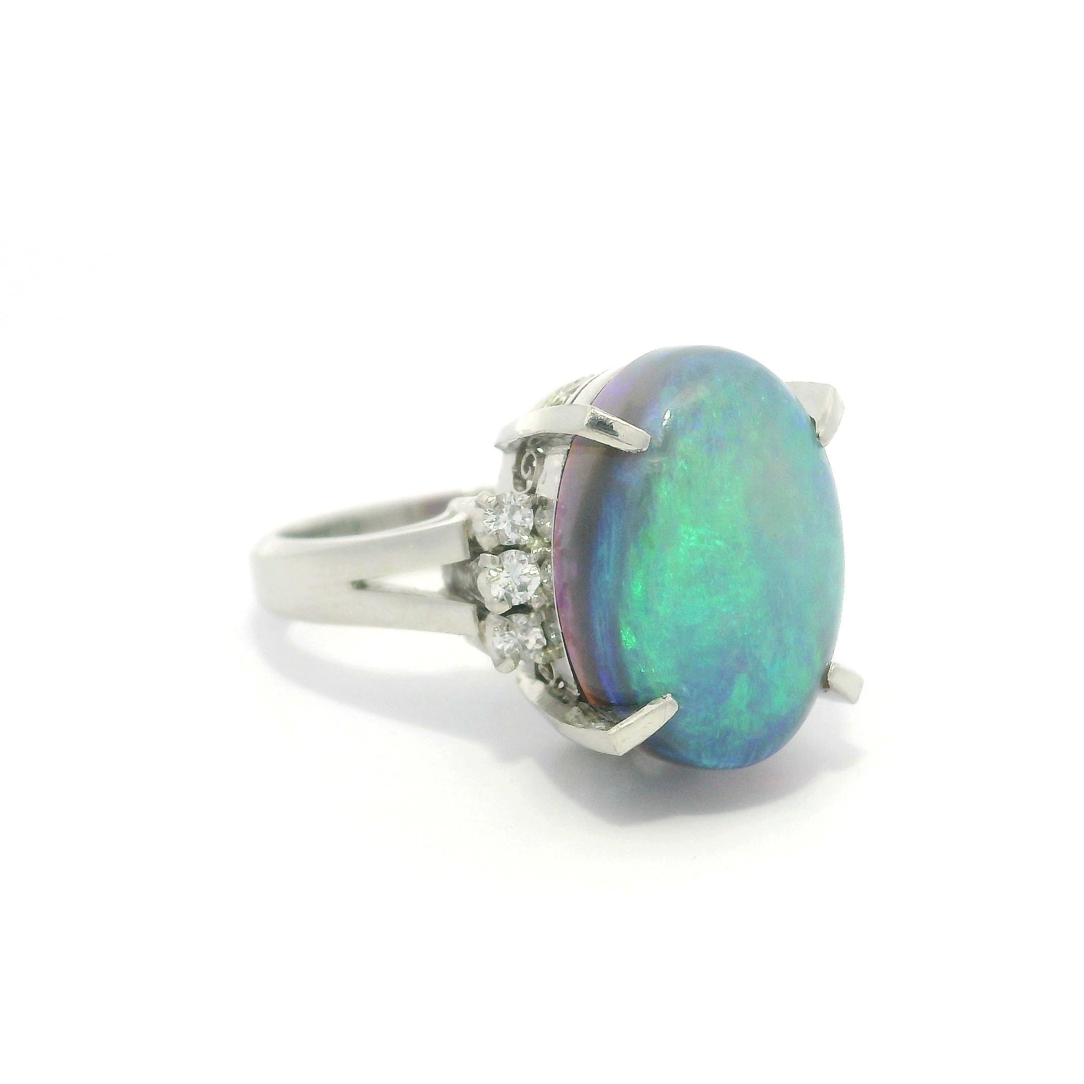 Vintage Platinum Large GIA 6.23ctw Thick Opal & Diamond Sides Solitaire Ring For Sale 7