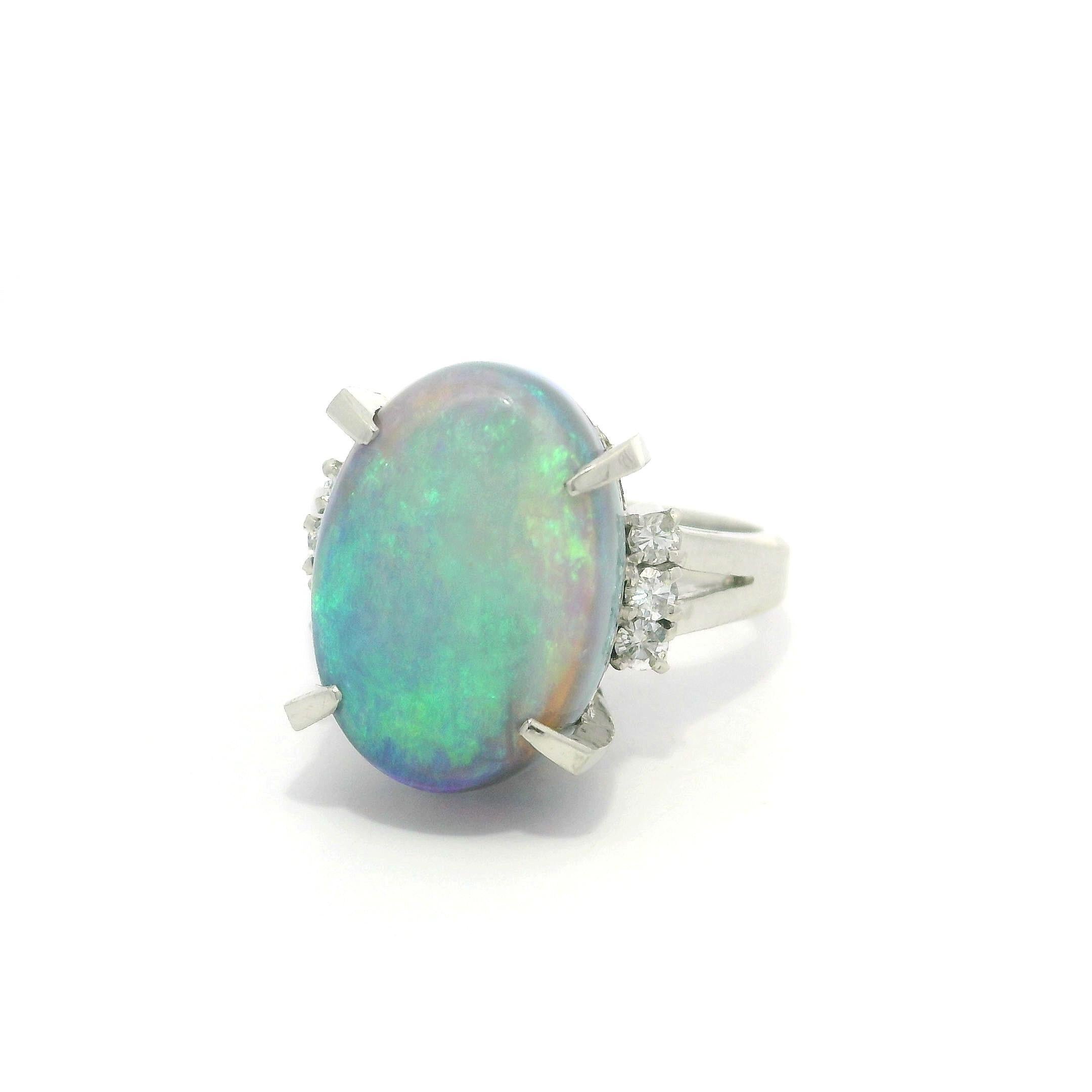 Vintage Platinum Large GIA 6.23ctw Thick Opal & Diamond Sides Solitaire Ring For Sale 8